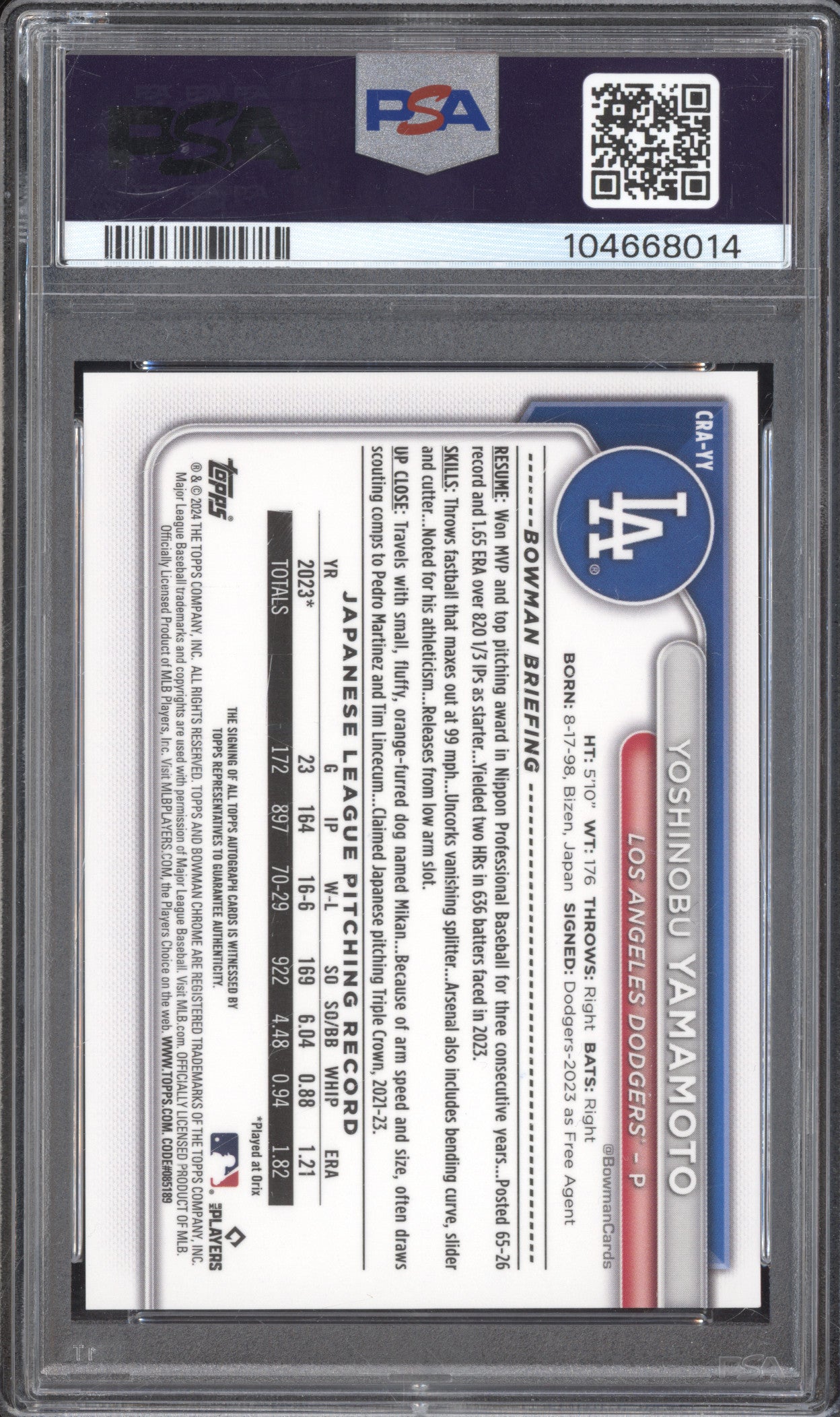Yoshinobu Yamamoto 2024 Bowman Chrome CRA-YY Rookie Auto RC PSA 10/8