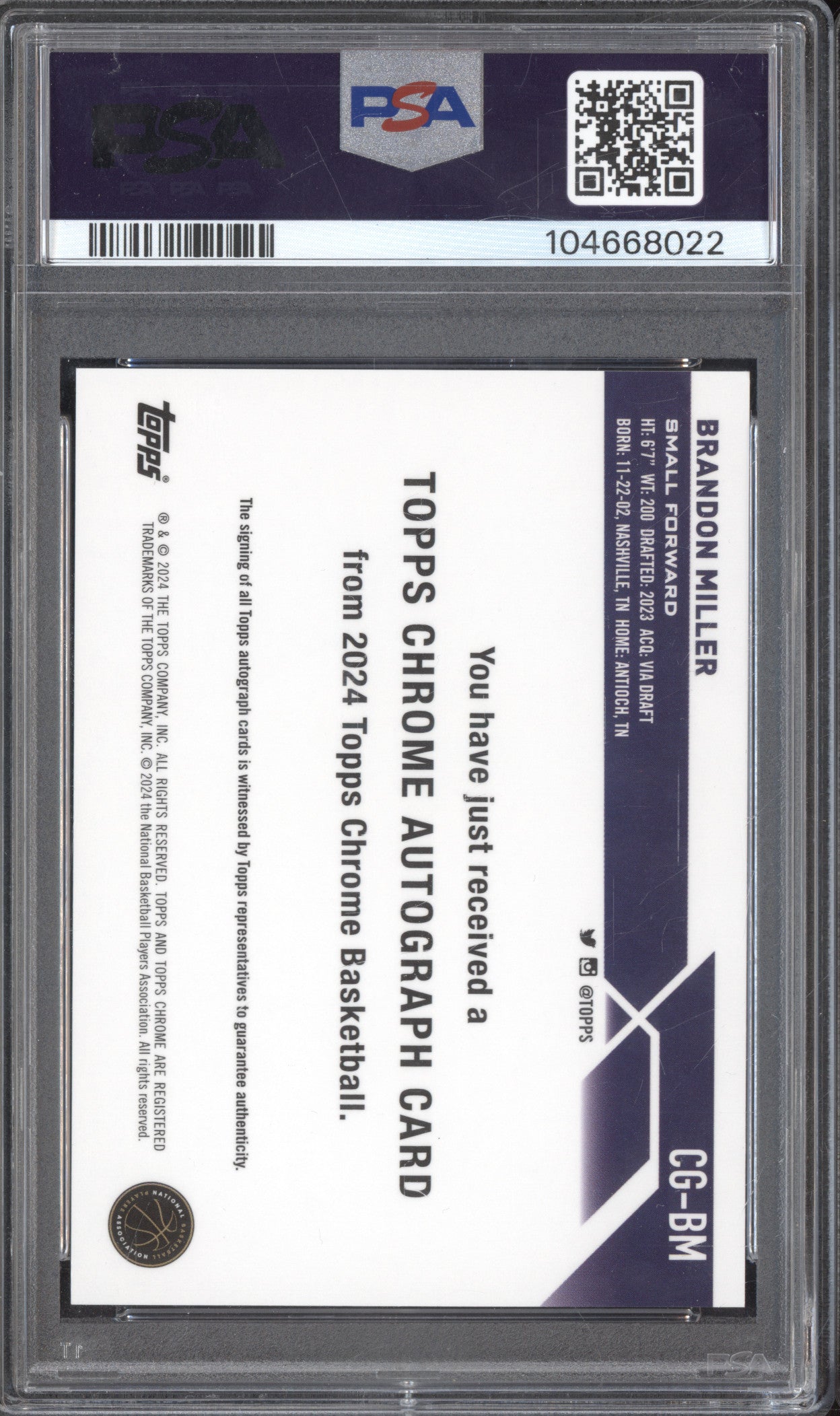 Brandon Miller 2023-24 Topps Chrome CG-BM Auto RC PSA 9/10