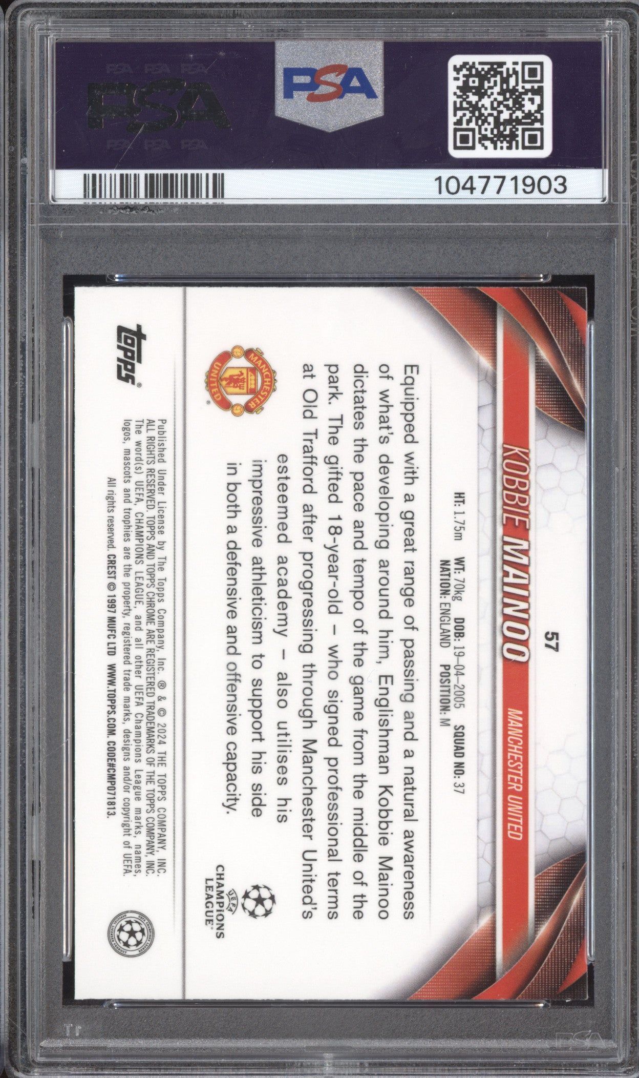Kobbie Mainoo 2023-24 Topps Chrome UCC 57 Gold Geometric 50/50 PSA 10