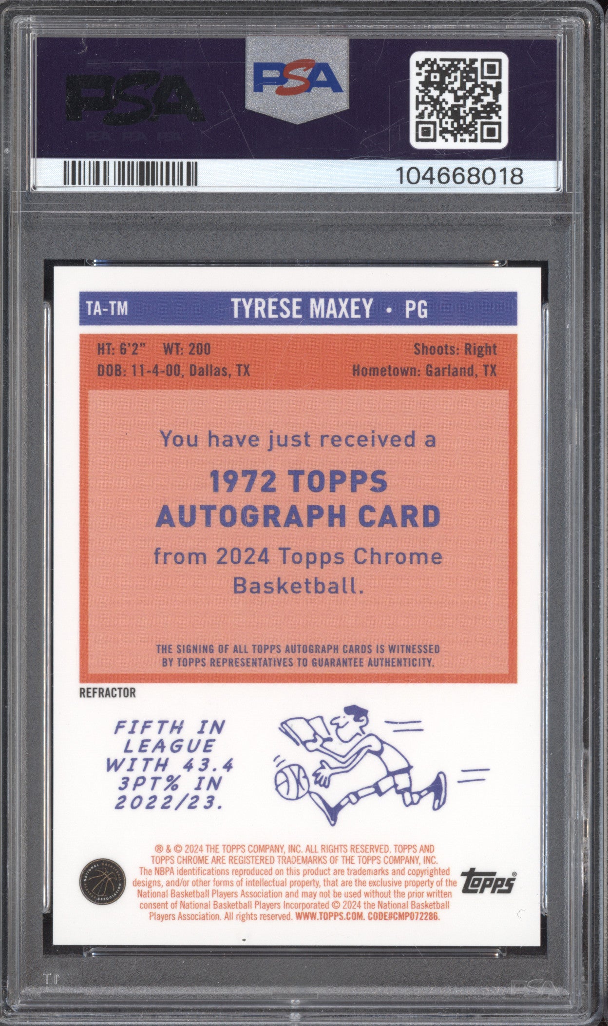 Tyrese Maxey 2023-24 Topps Chrome TA-TM 1972 Topps Auto Refractor PSA 9/10