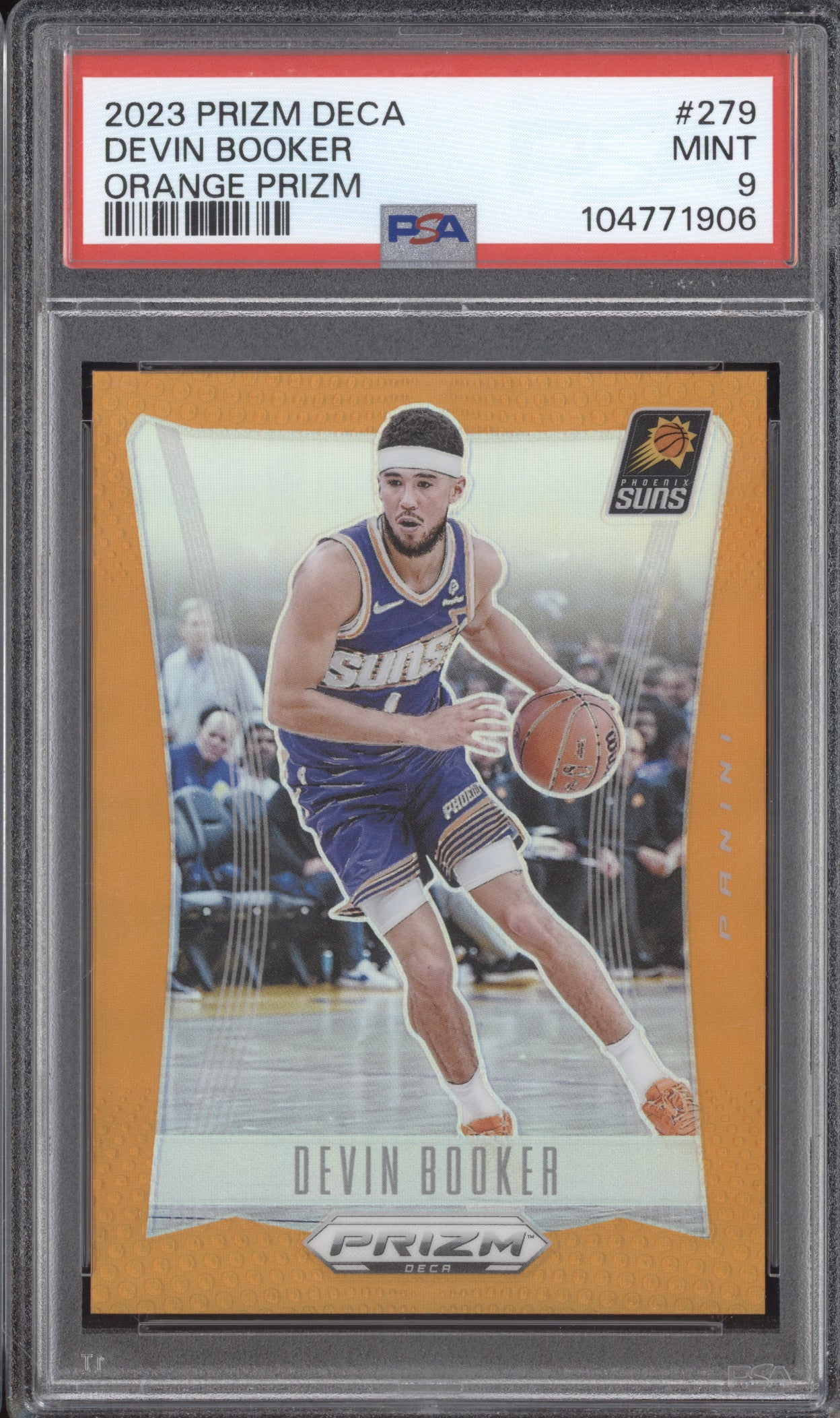 Devin Booker 2023-24 Panini Prizm Deca 279 Orange Prizm 15/49 PSA 9