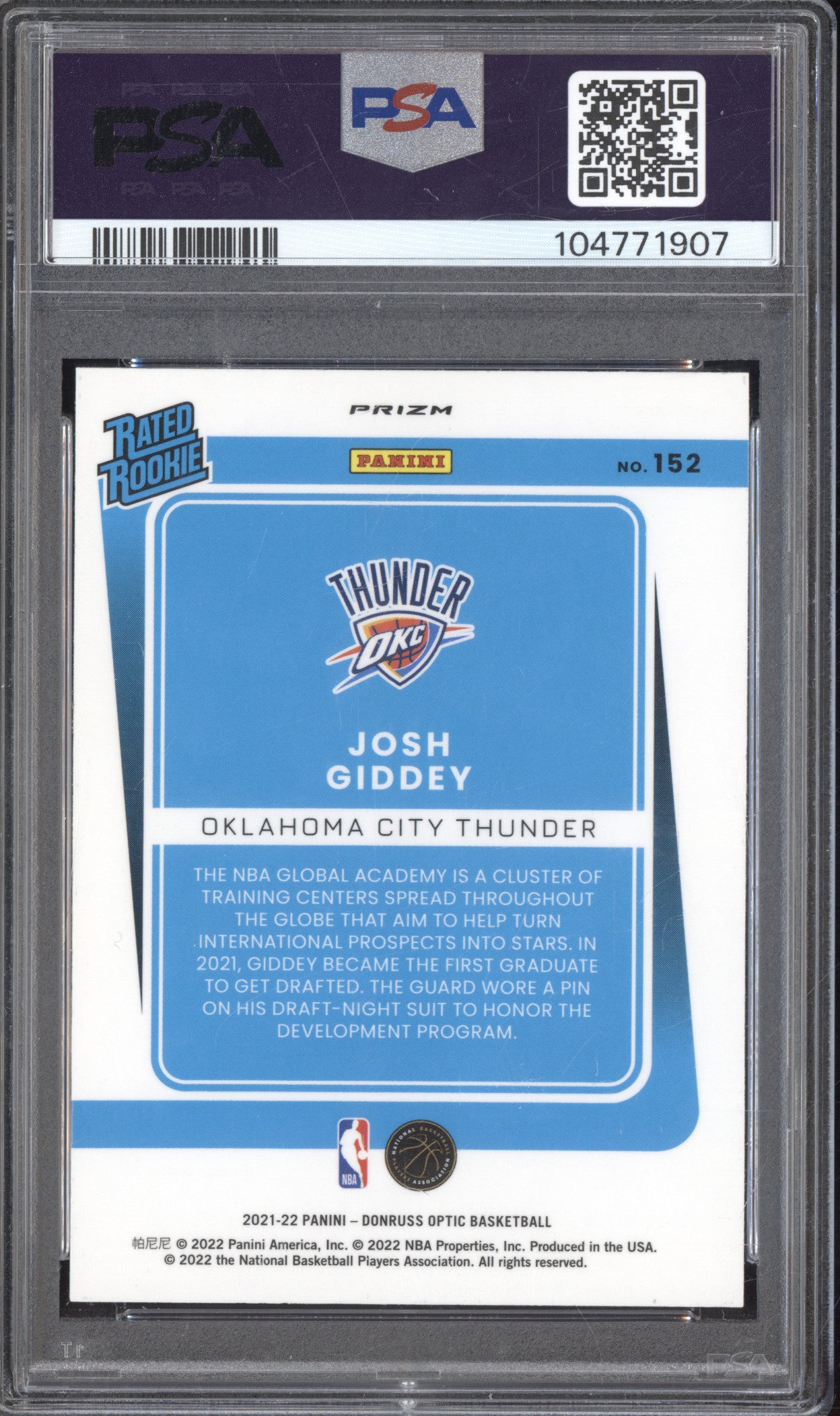 Josh Giddey 2021-22 Panini Donruss Optic 152 Checkerboard RC PSA 10