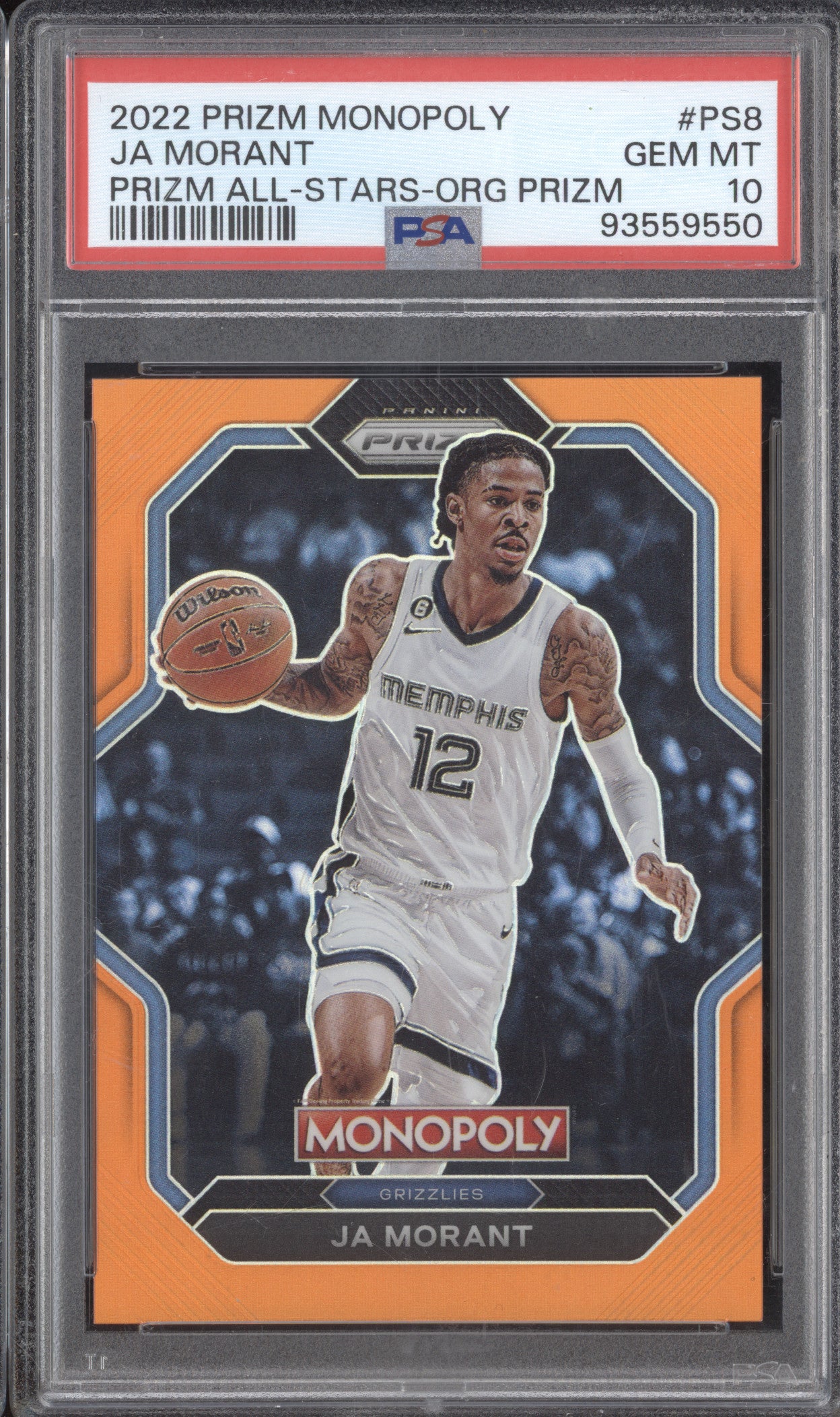 Ja Morant 2022-23 Panini Prizm Monopoly PS8 Prizm All-Stars Orange 69/124 PSA 10