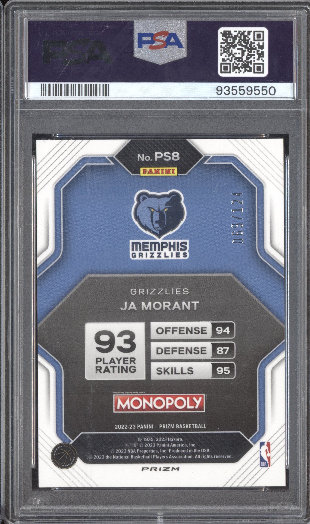 Ja Morant 2022-23 Panini Prizm Monopoly PS8 Prizm All-Stars Orange 69/124 PSA 10