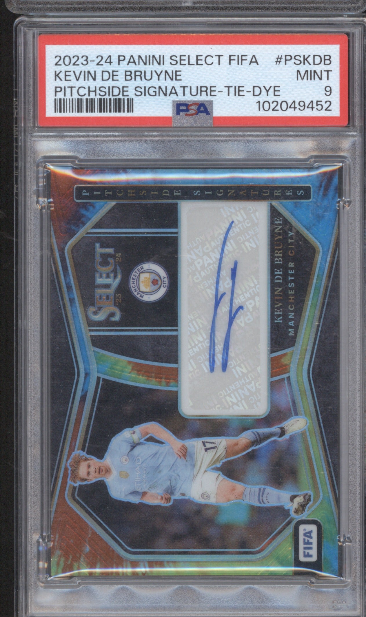Kevin De Bruyne 2023 Panini Select FIFA PSKDB Pitchside Signature PSA 9 Tie-Dye
