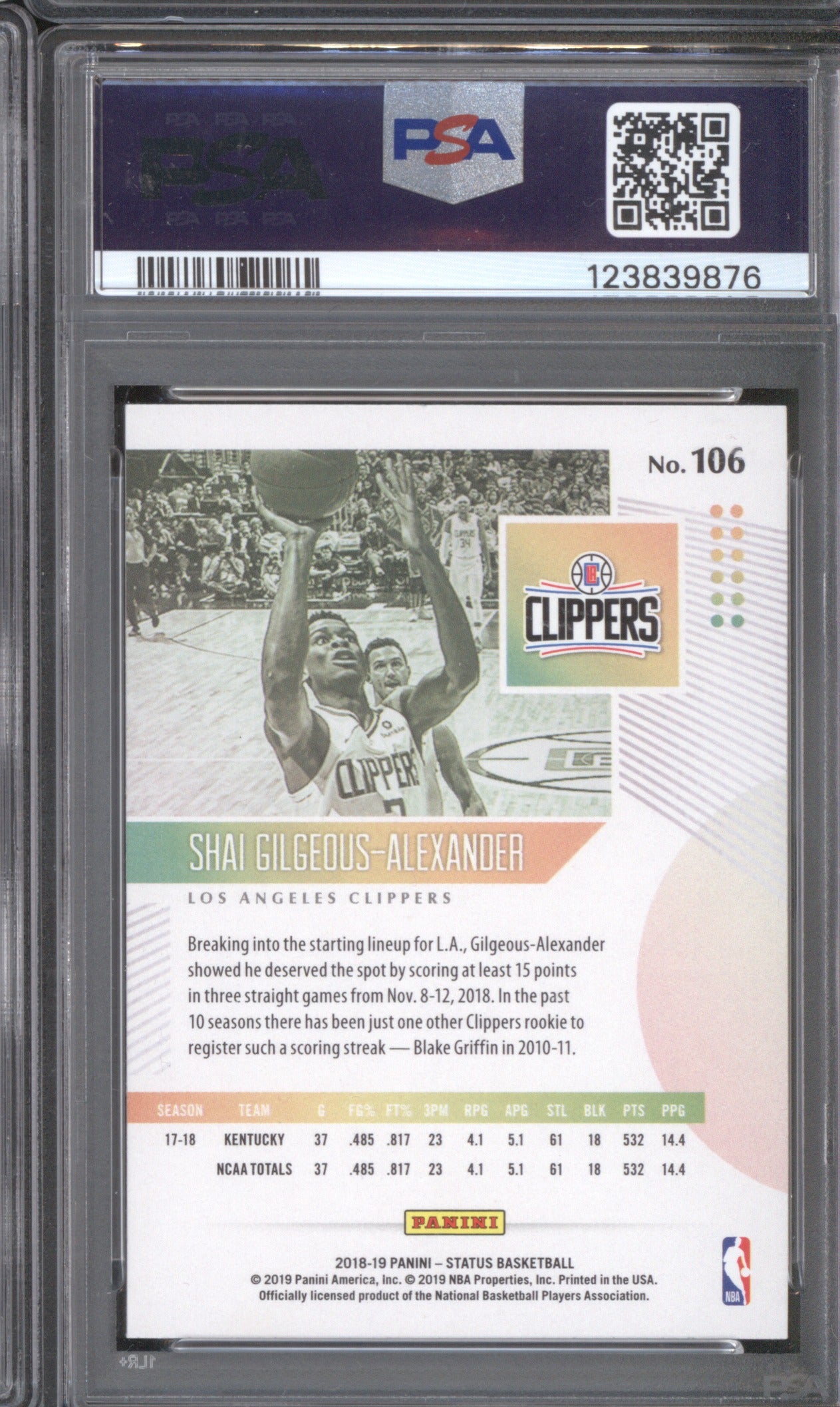 Shai Gilgeous-Alexander 2018 Panini Status 106 Rookies PSA 10