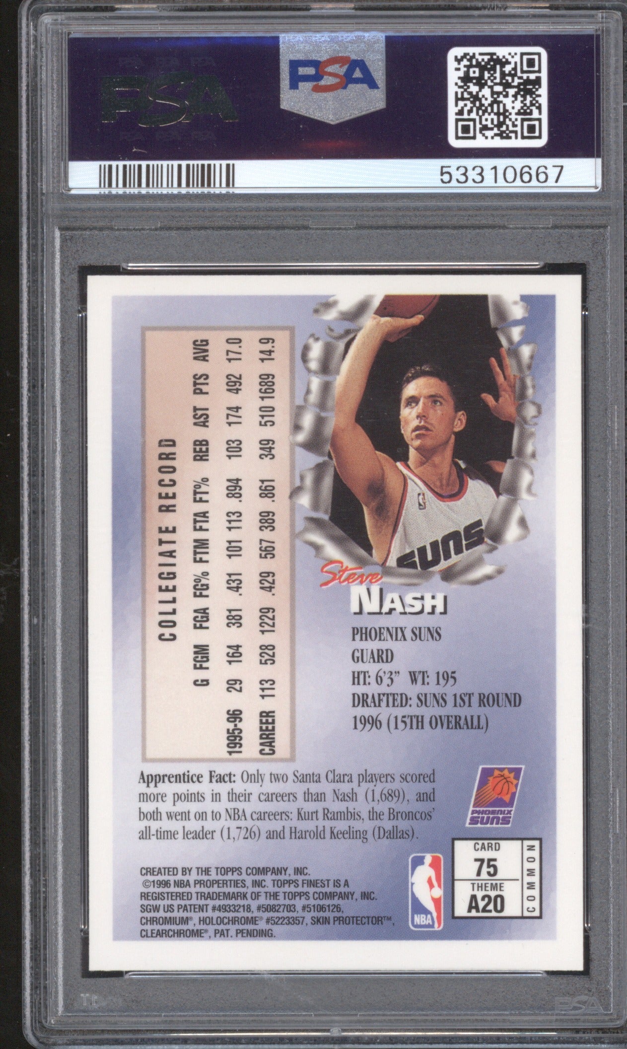 Steve Nash 1996 Topps 1996 Finest 75 PSA 9 With Coating