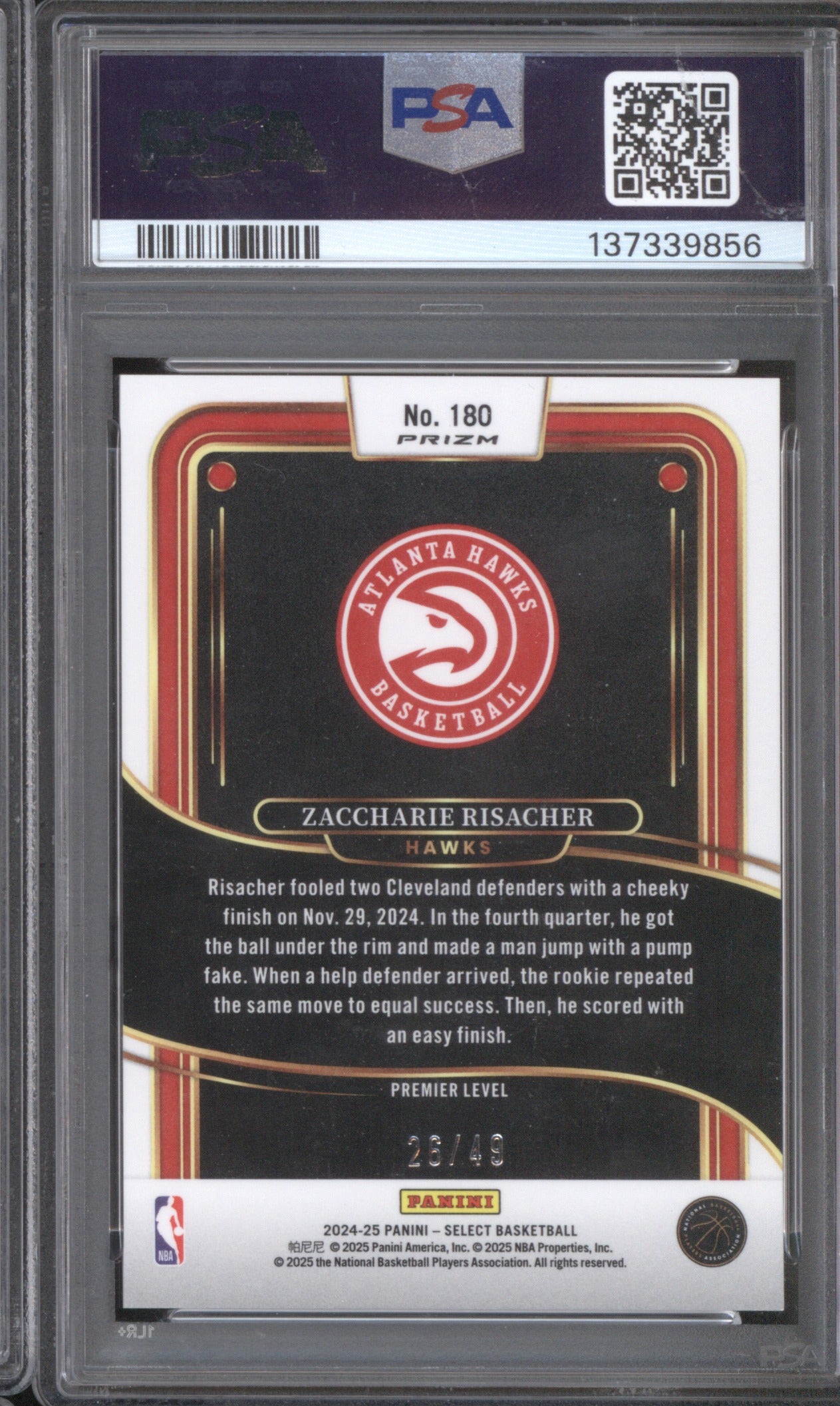 Zaccharie Risacher 2024 Panini Select 180 Red Disco RC /49 PSA 9