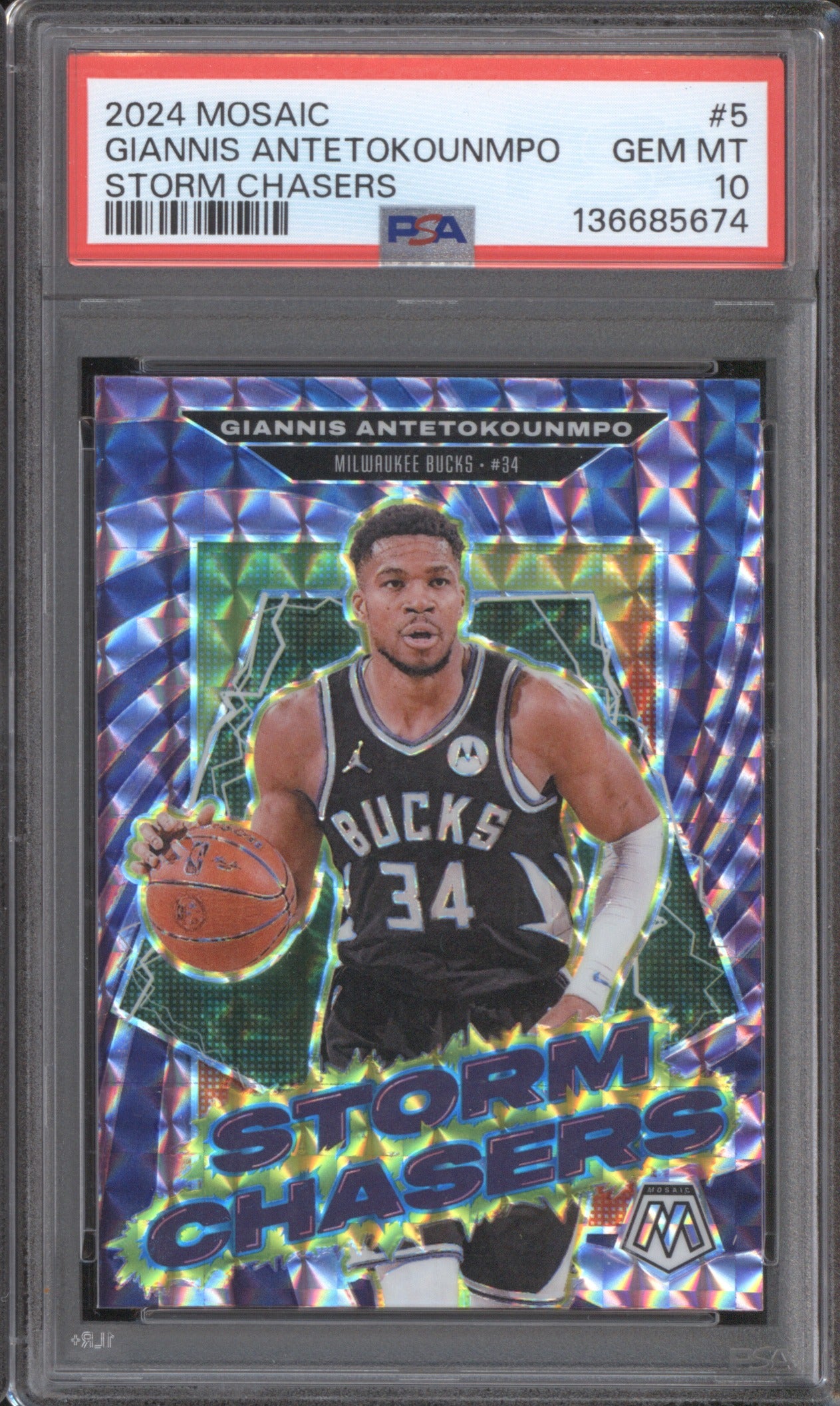 Giannis Antetokounmpo 2024 Panini Mosaic 5 PSA 10 Storm Chasers