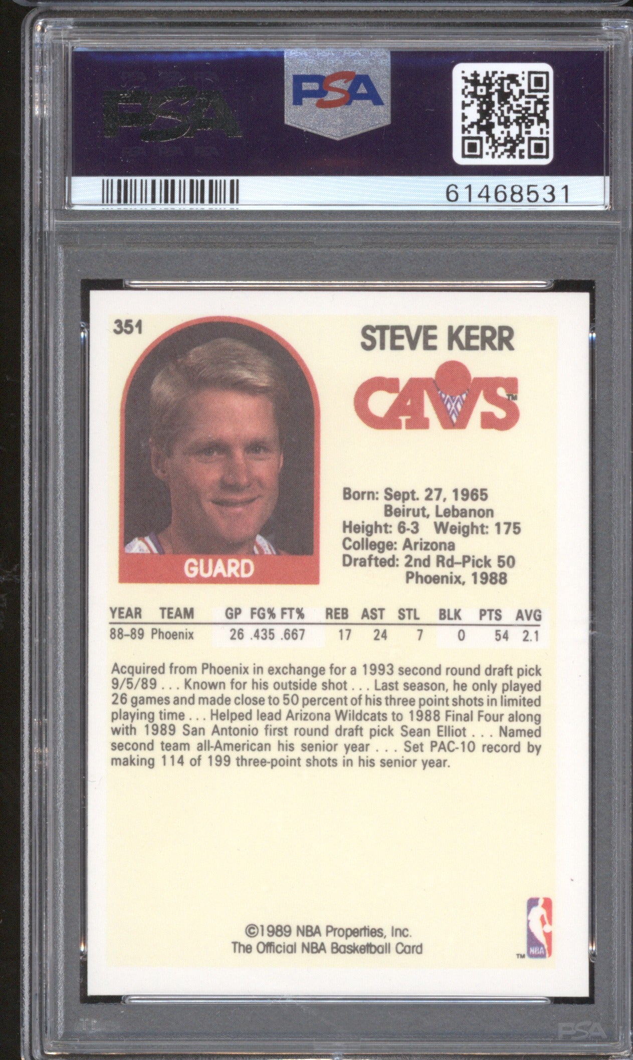 Steve Kerr 1989 Hoops 1989 351 PSA 9