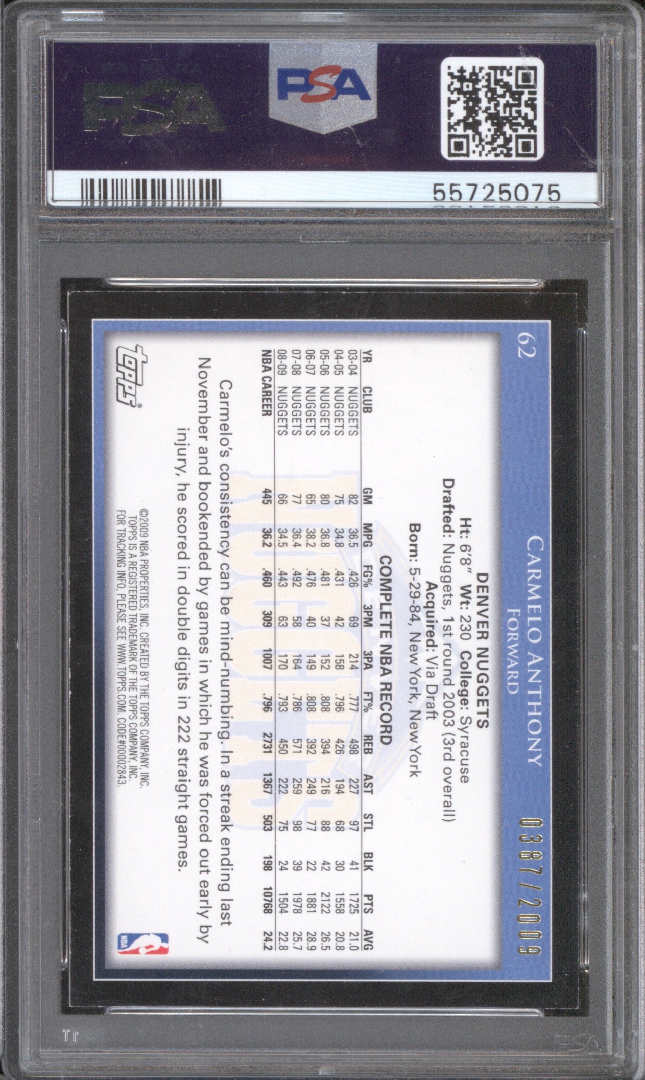 Carmelo Anthony 2009 Topps 62 PSA 7 Gold