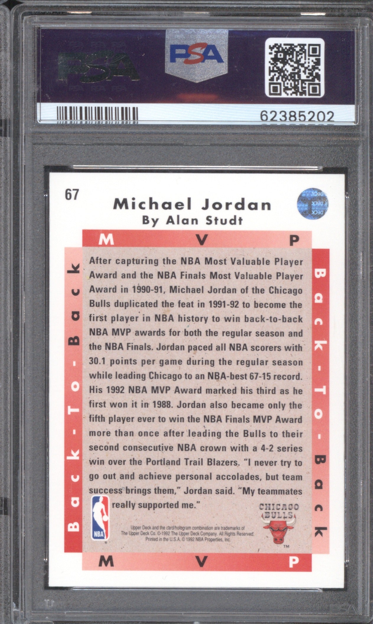 Michael Jordan 1992 Upper Deck 1992 67 Back To Back MVP PSA 9