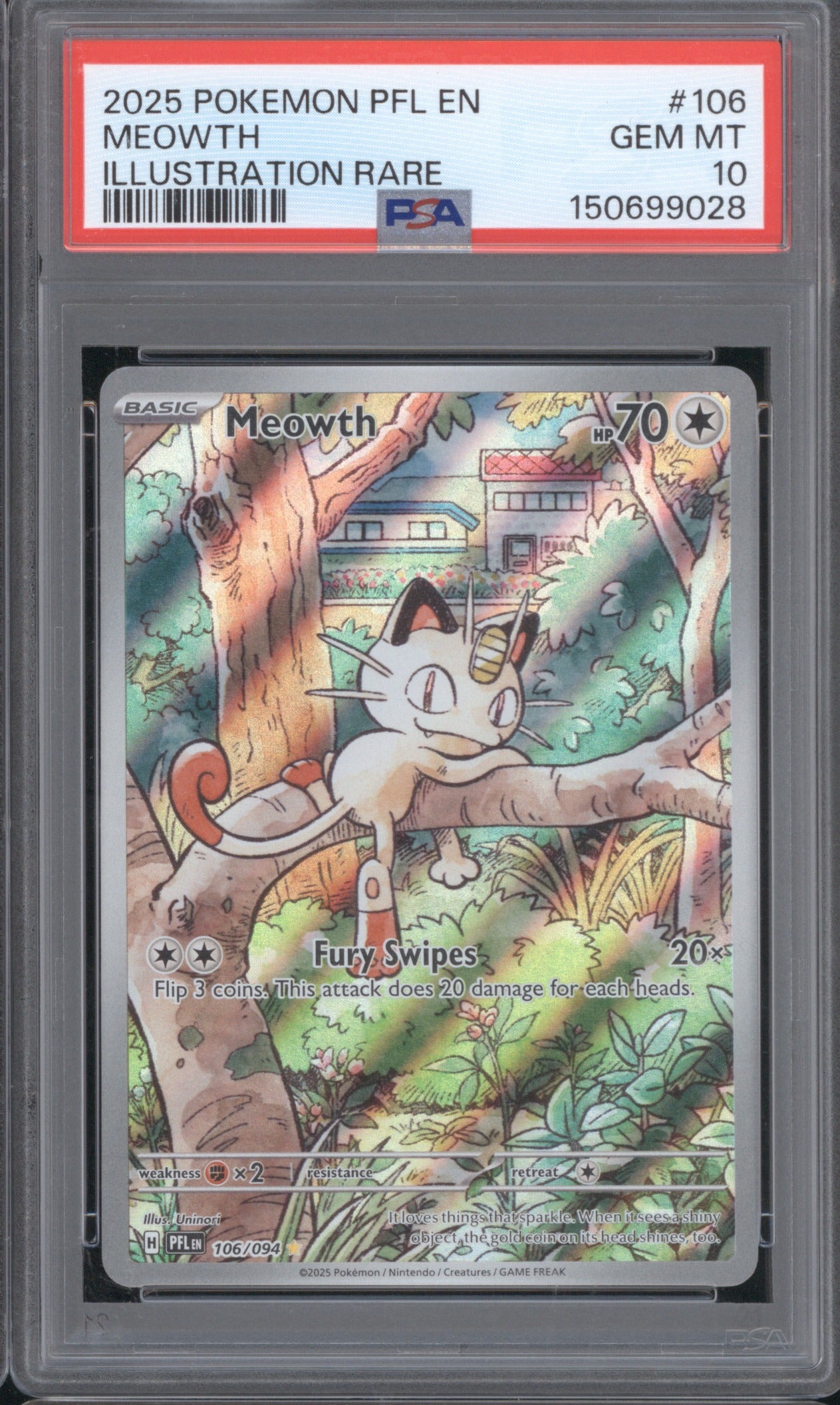 Meowth 2025 Pokémon Phantasmal Flames #106 Illustration Rare PSA 10