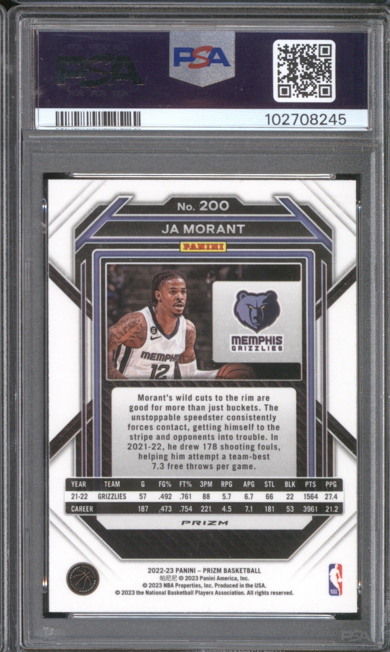 2022 Panini Prizm Ja Morant #200 Tiger Stripe Choice PSA 10