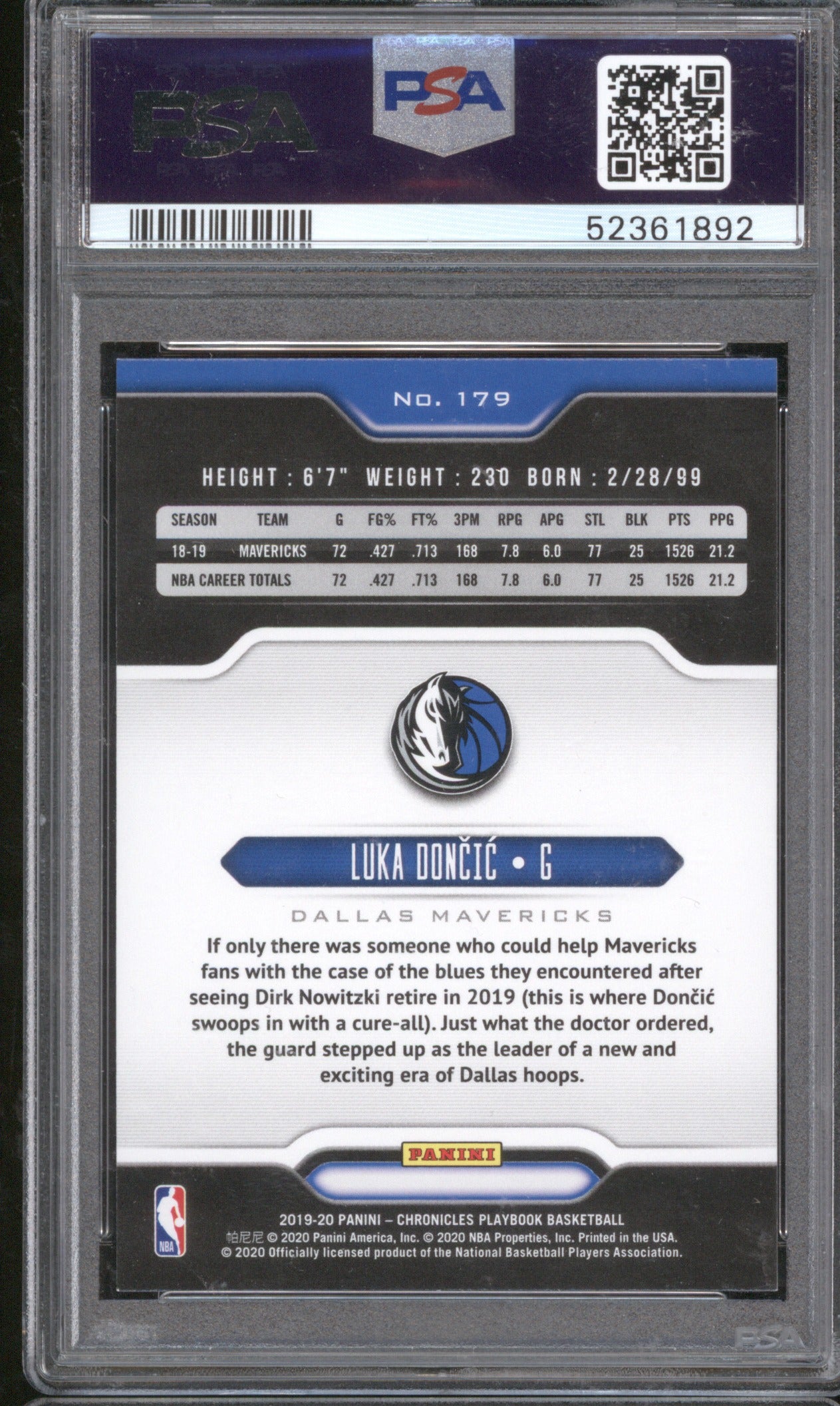 2019 Panini Chronicles Luka Doncic Playbook 179 Bronze PSA 9