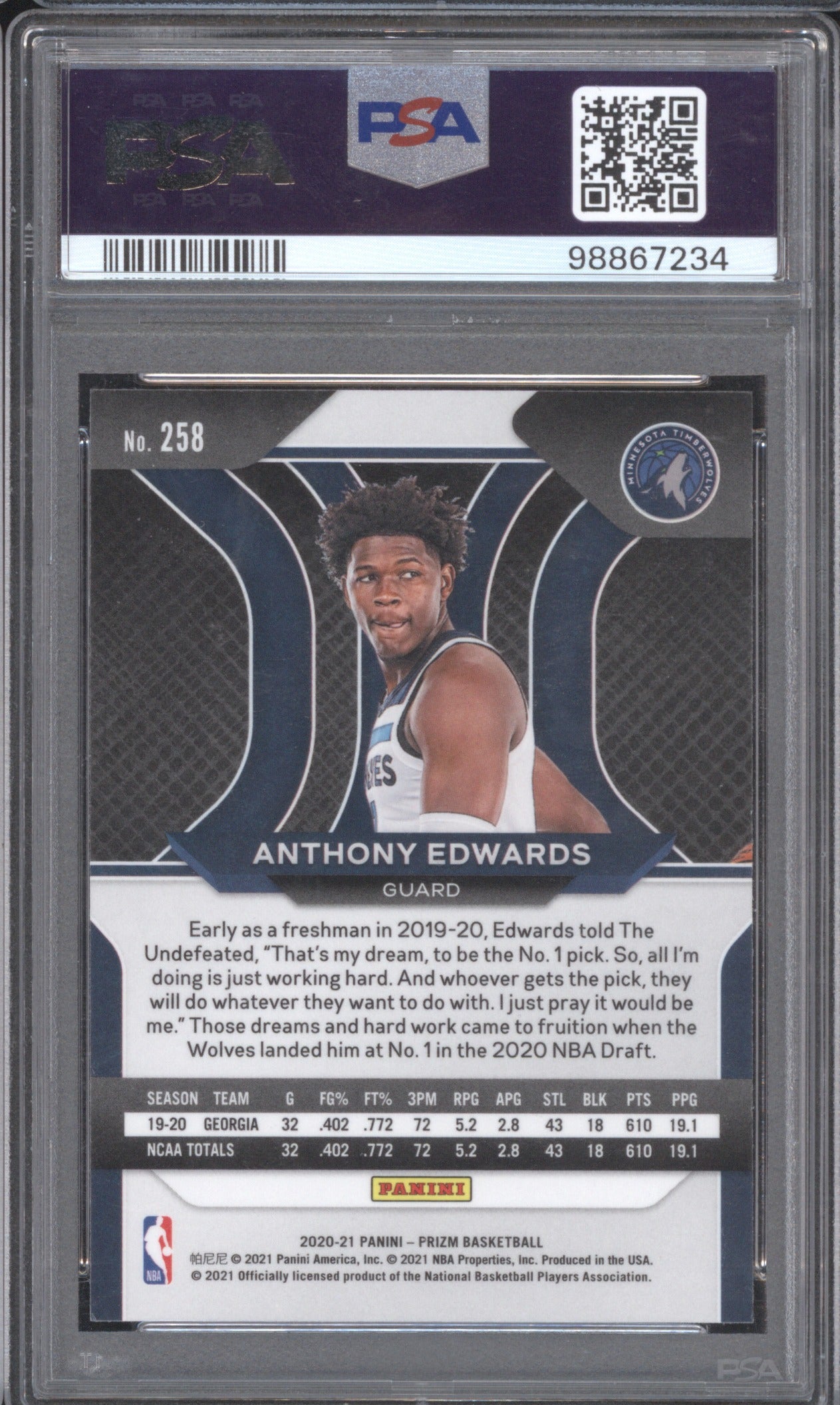 2020 Panini Prizm Anthony Edwards 258 Base PSA 9