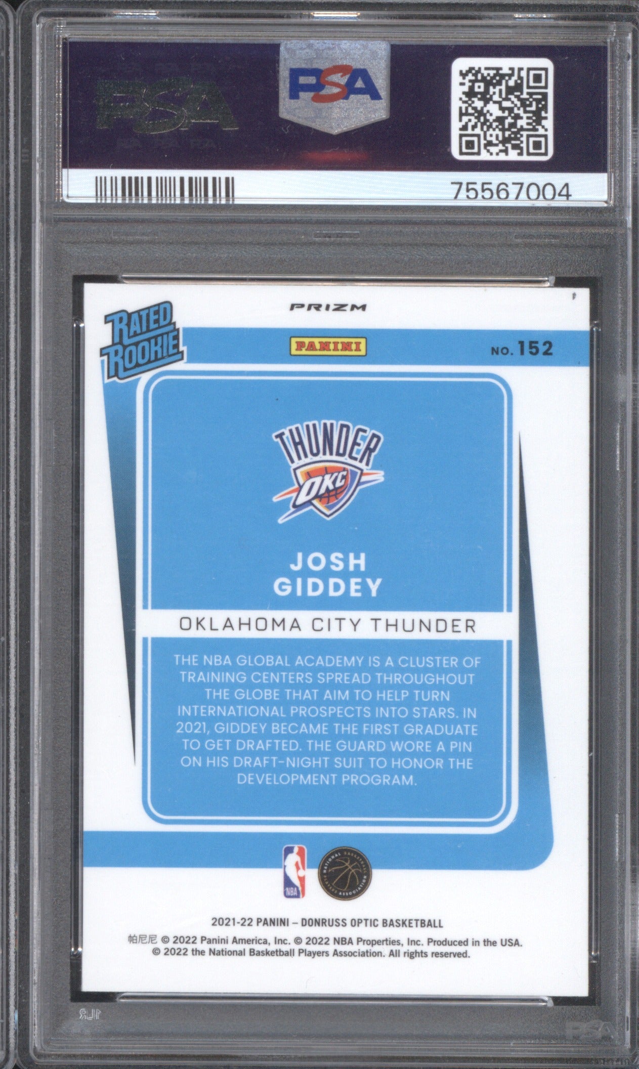 2021 Donruss Optic Josh Giddey RC 152 Fast Break PSA 9