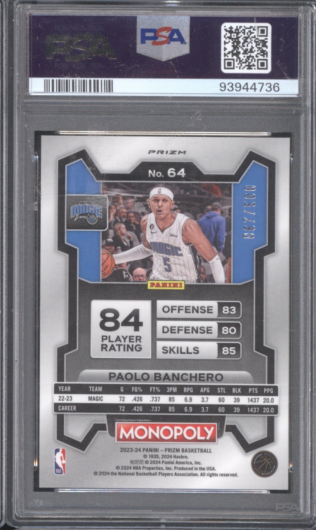 2023 Panini Prizm Monopoly Paolo Banchero Gold Millionaire Shimmer PSA 10 67/500