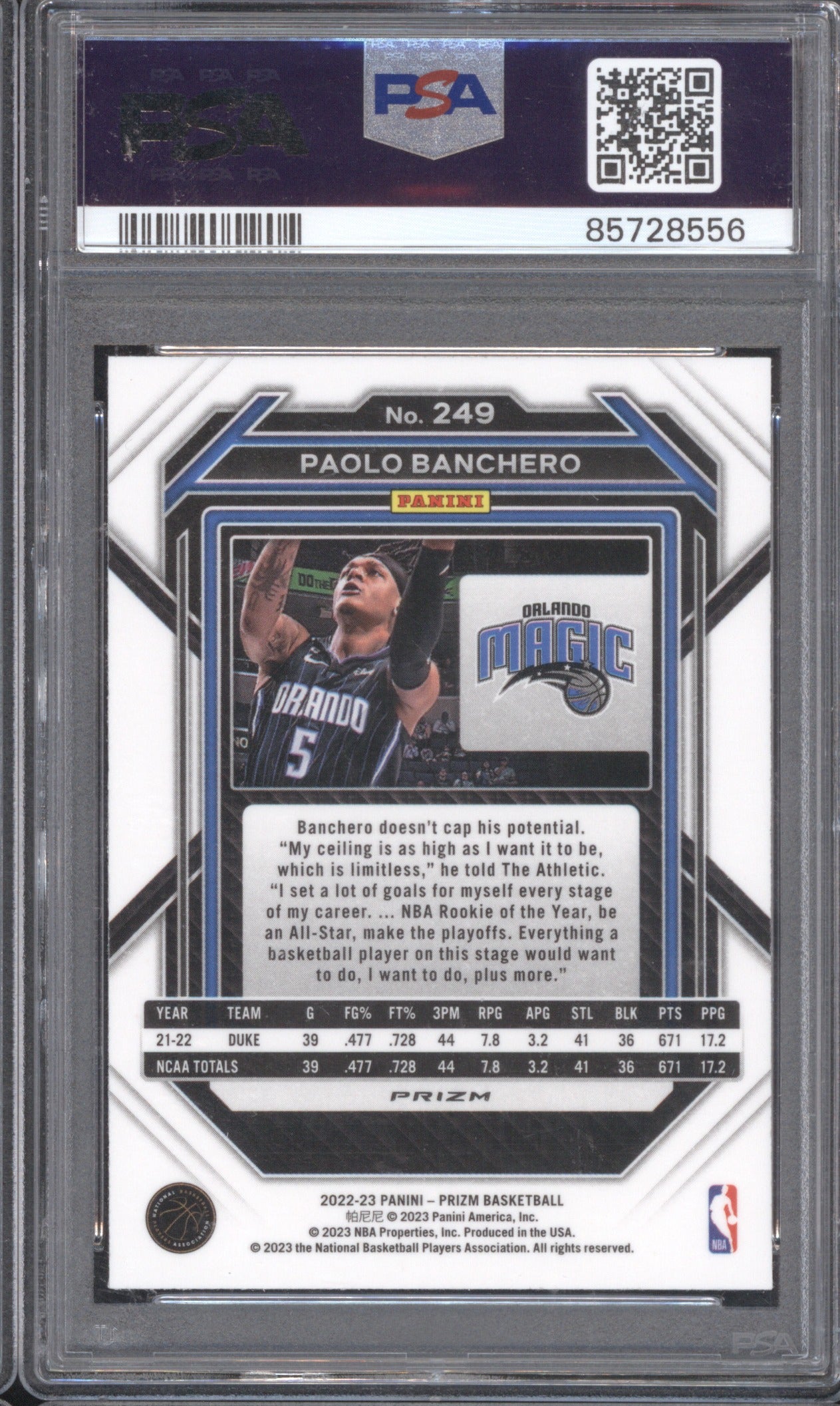 2022 Panini Prizm Paolo Banchero RC 249 Silver Prizm