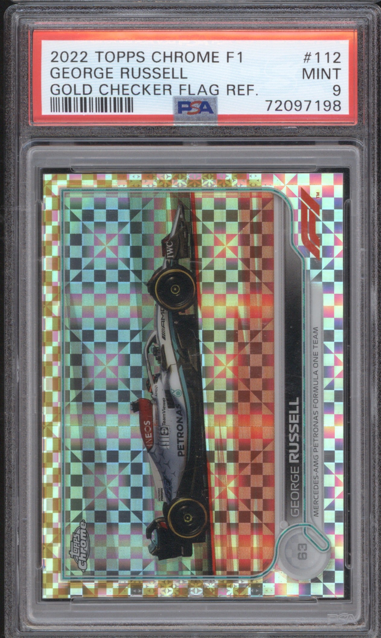 2022 Topps Chrome F1 George Russell 112 Gold Checker Flag Refractor 04/50 PSA 9