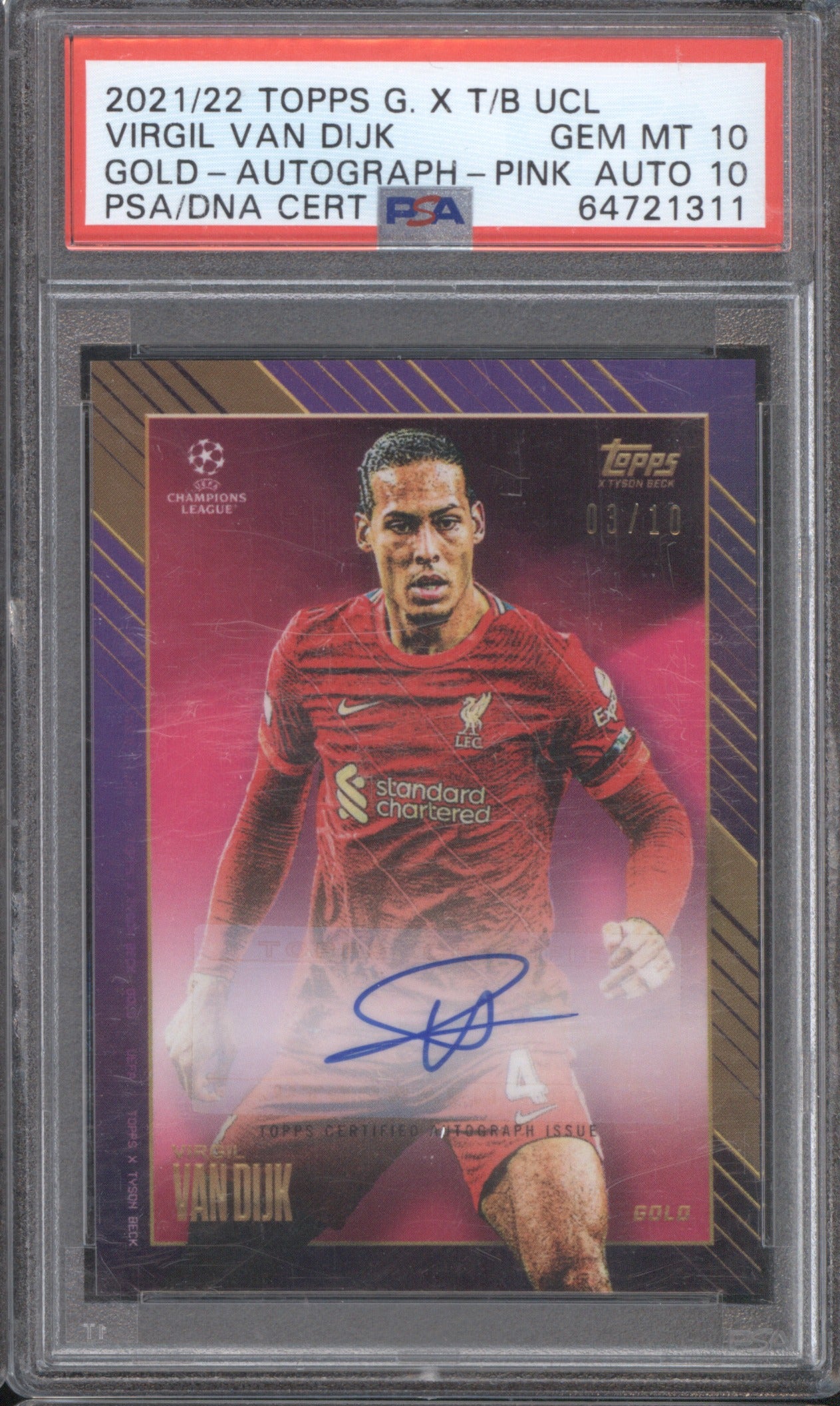2021 Topps Tyson Beck Virgil van Dijk Pink Auto 3/10 PSA 10/10