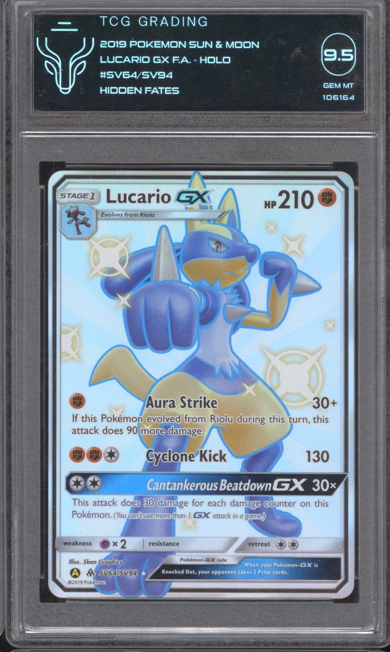 2019 Pokemon Hidden Fates Lucario GX SV64/SV94 Shiny Vault TCG 9.5