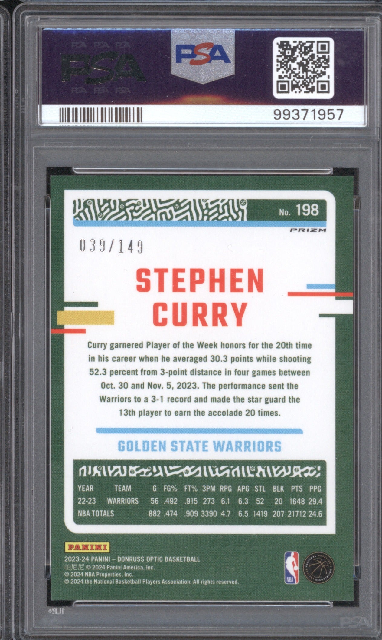 2023 Donruss Optic Stephen Curry #198 Lime Green 39/149 PSA 10