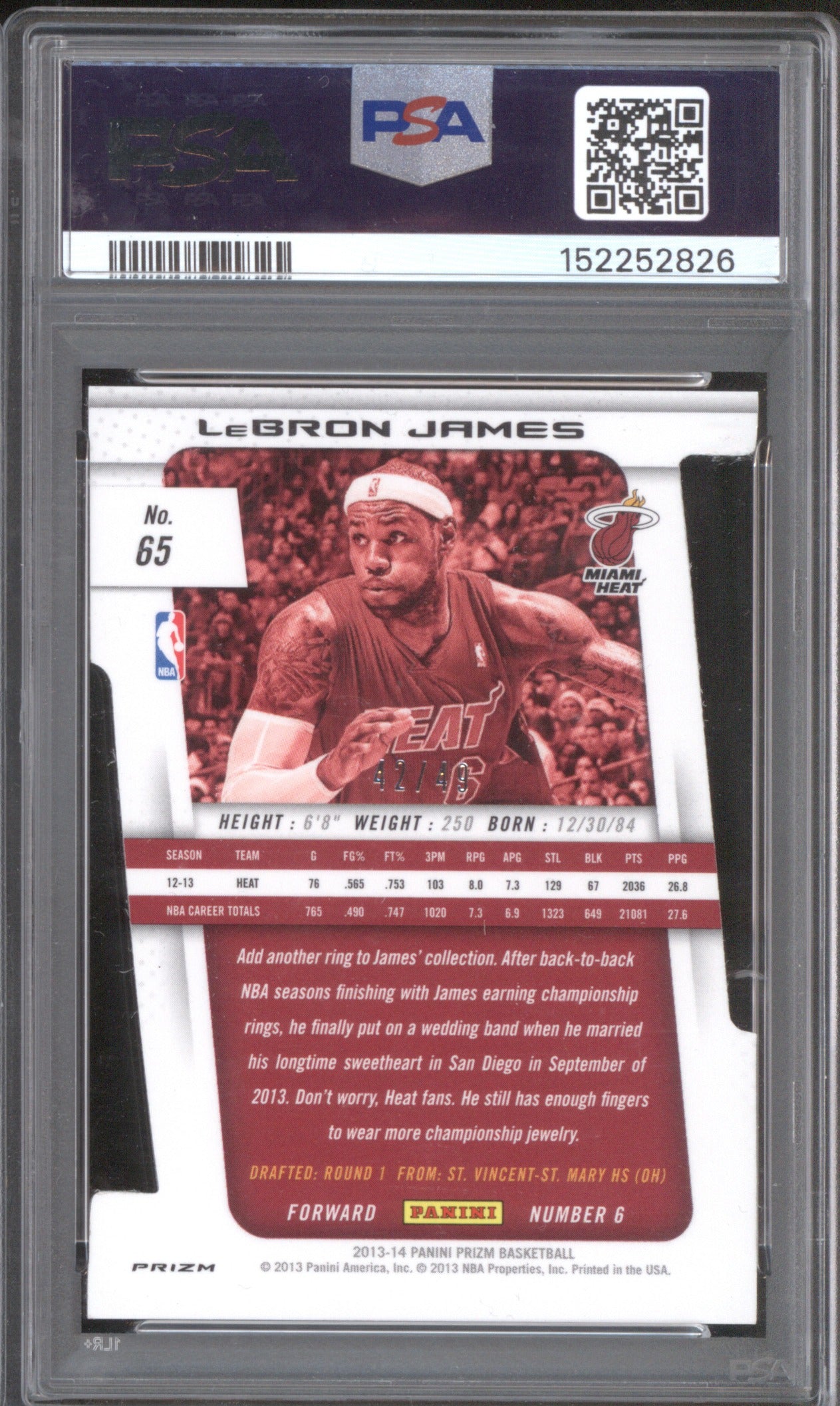 2013 Panini Prizm 65 LeBron James Purple Die Cut 42/49 PSA 9