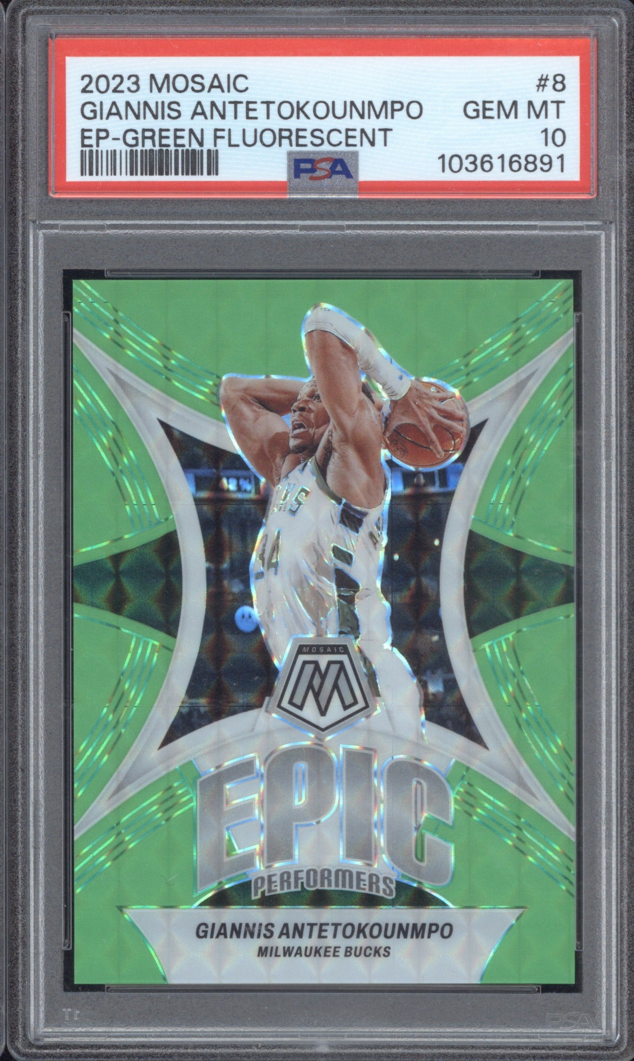 Giannis Antetokounmpo 2023 Panini Mosaic EP Green Flourescent 2/10 PSA 10