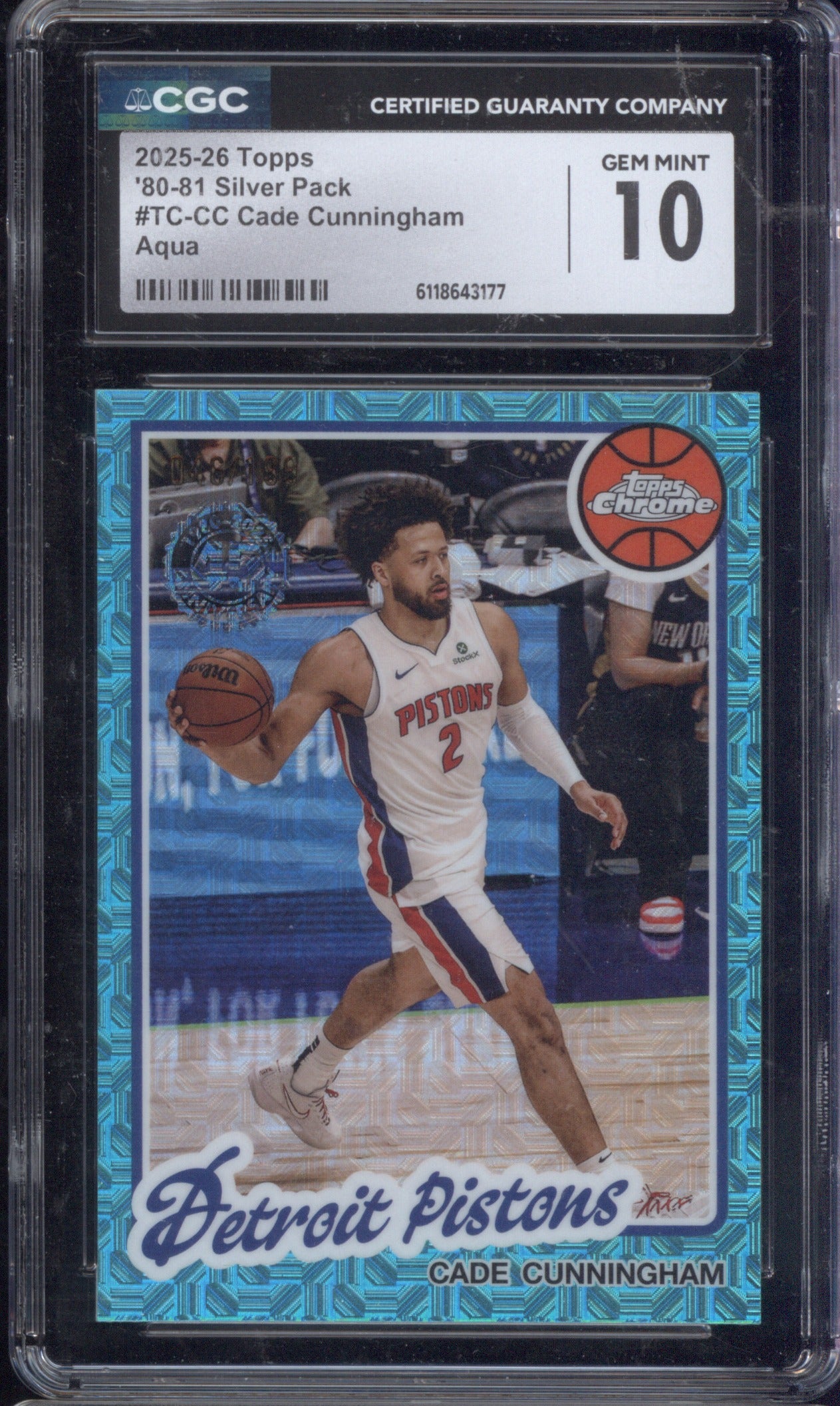 Cade Cunningham 2025-26 Topps 1980-81 Silver Pack Chrome Aqua 46/199 CGC 10