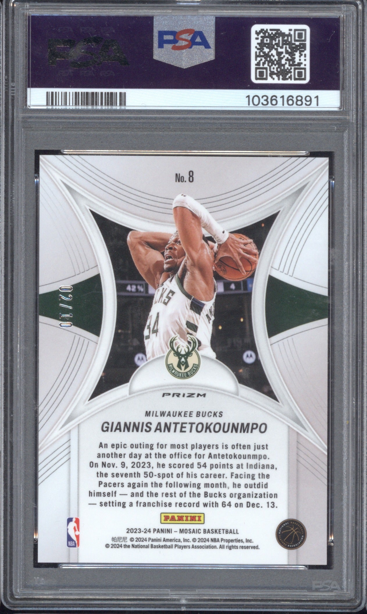 Giannis Antetokounmpo 2023 Panini Mosaic EP Green Flourescent 2/10 PSA 10