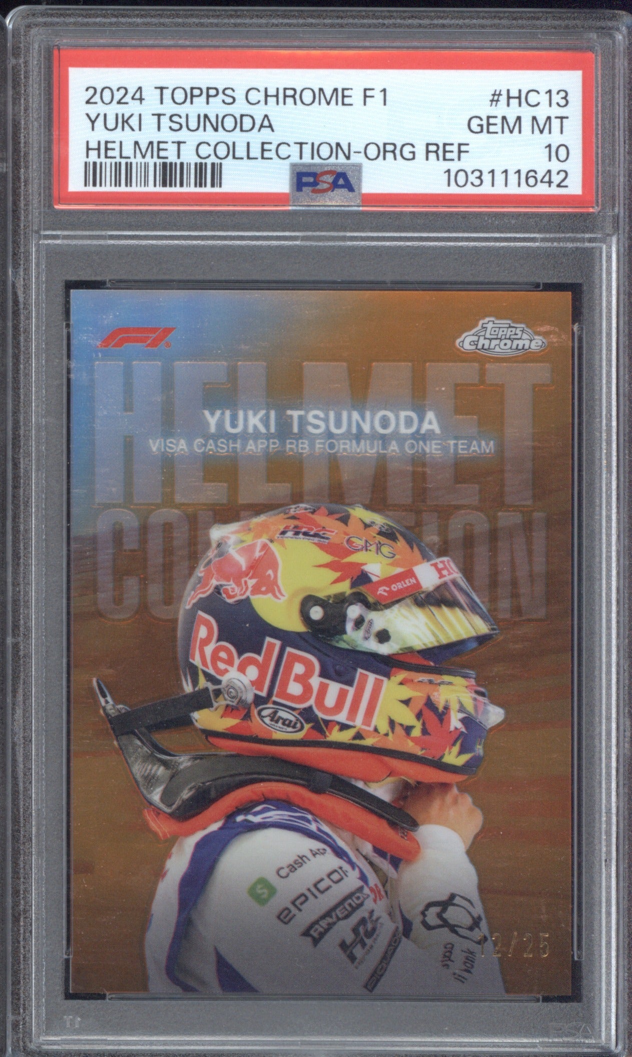 Yuki Tsunoda 2024 Topps Chrome Formula 1 Helmet Collection Orange /25 PSA 10