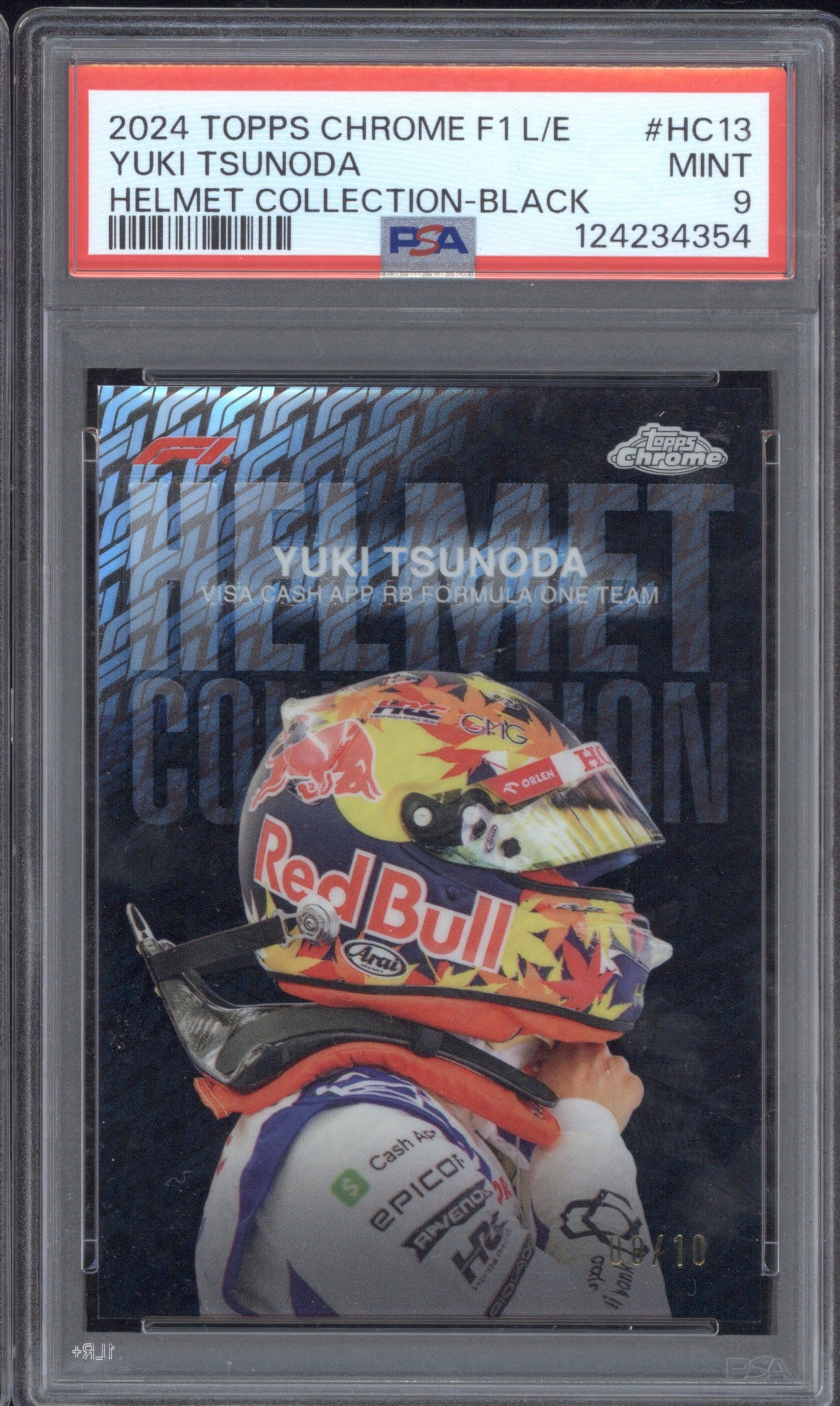 Yuki Tsunoda 2024 Topps Chrome Formula 1 HC13 Helmet Collection Black /10 PSA 9