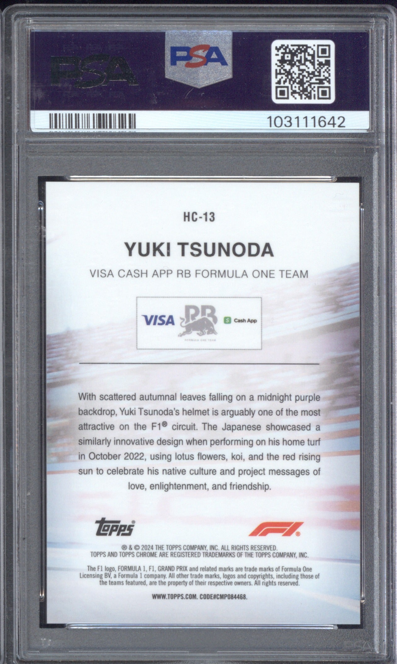 Yuki Tsunoda 2024 Topps Chrome Formula 1 Helmet Collection Orange /25 PSA 10