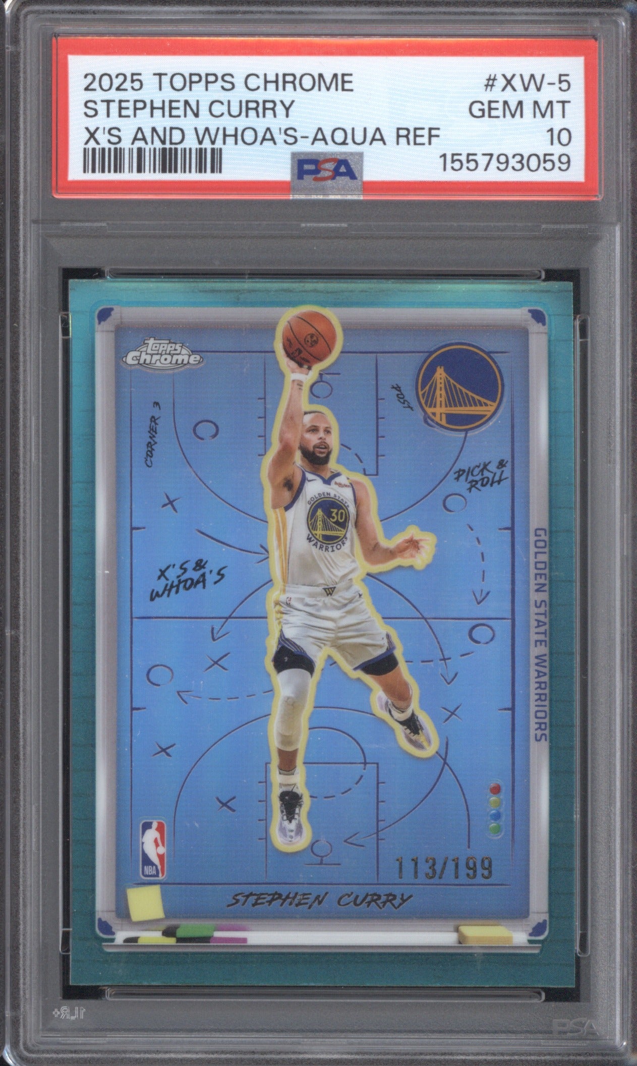 Stephen Curry 2025 Topps Chrome X's and Whoa's XW-5 Aqua Refractor /199 PSA 10