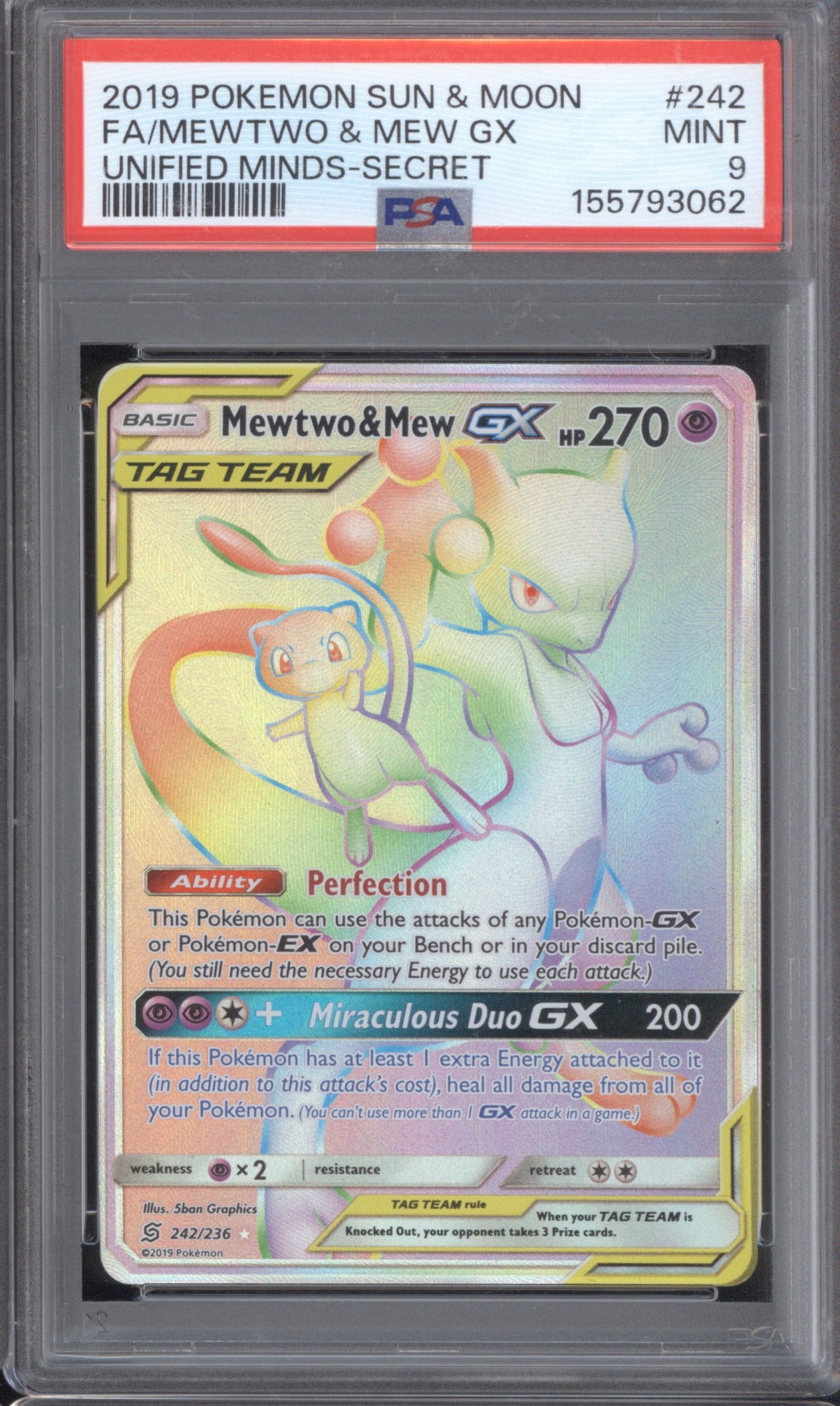 Mewtwo & Mew 2019 Pokemon Unified Minds #242 Secret Rare PSA 9