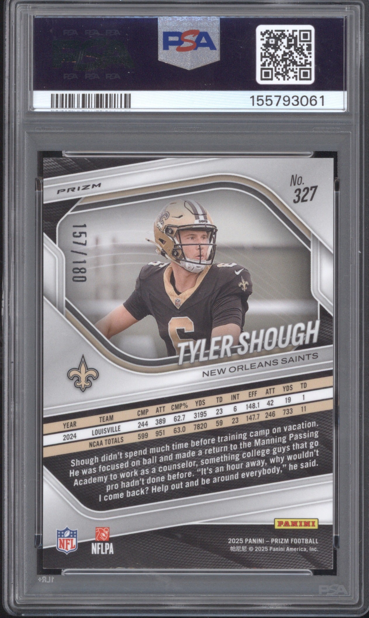 Tyler Shough 2025 Panini Prizm 327 Pigskin Prizm Rookie RC PSA 9