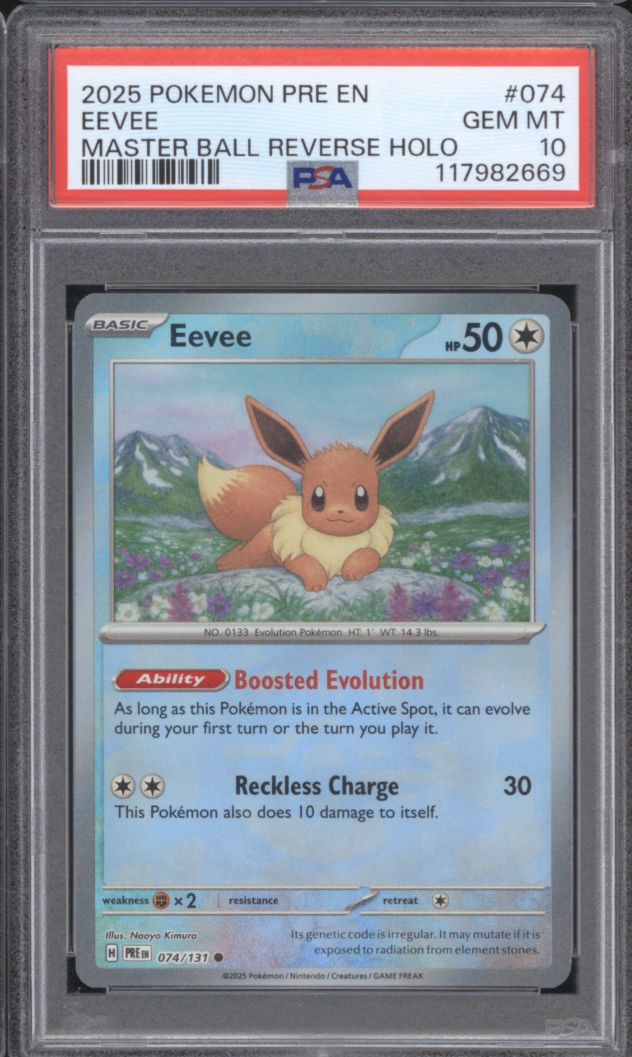 Eevee 2025 Pokémon Prismatic Evolutions 074/131 GEM MT 10 Master Ball Reverse