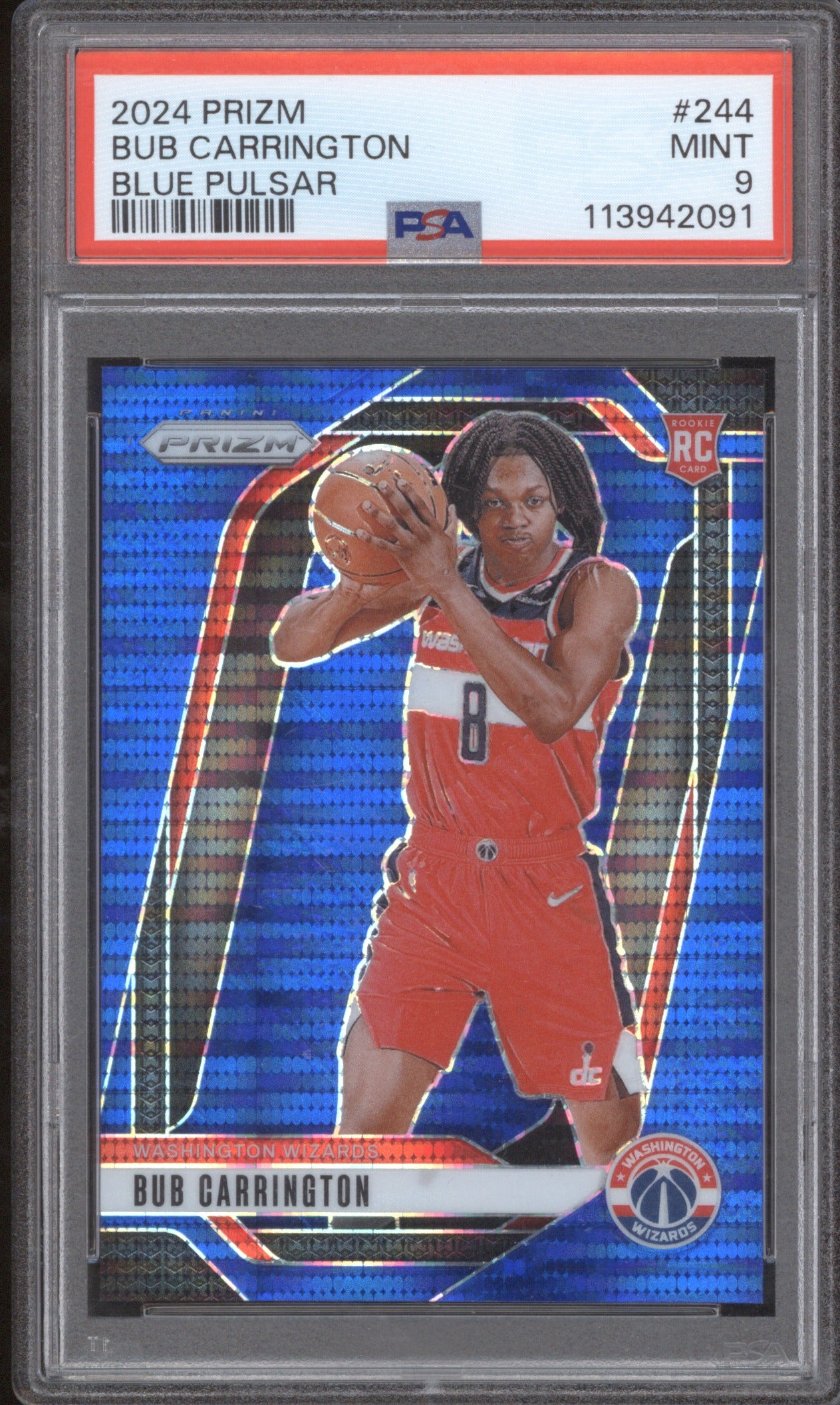 2024 Panini Prizm Bub Carrington 244 Blue Pulsar RC 17/99 PSA 9