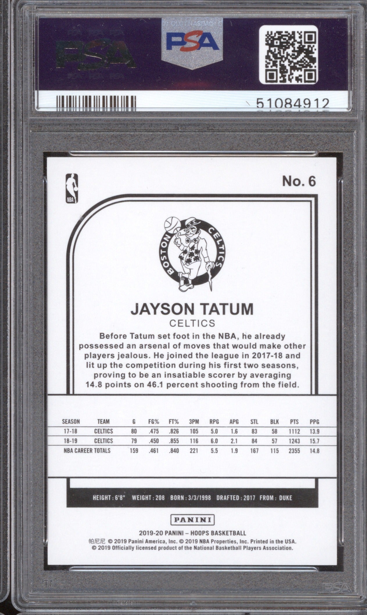 2019 Panini Hoops Jayson Tatum 6 Neon Green PSA 10