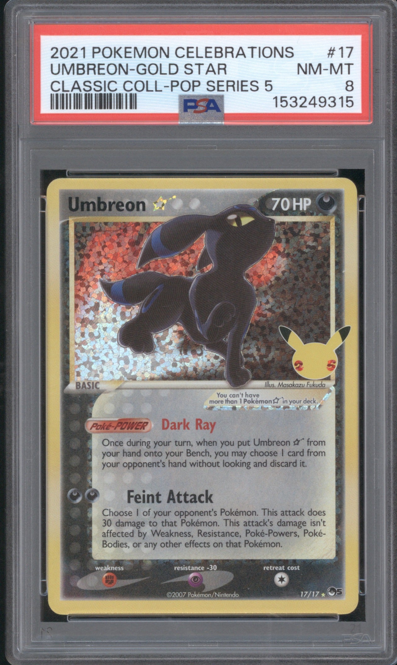 2021 POKEMON CELEBRATIONS CLASSIC COLLECTION UMBREON-GOLD STAR 17/17 PSA 8