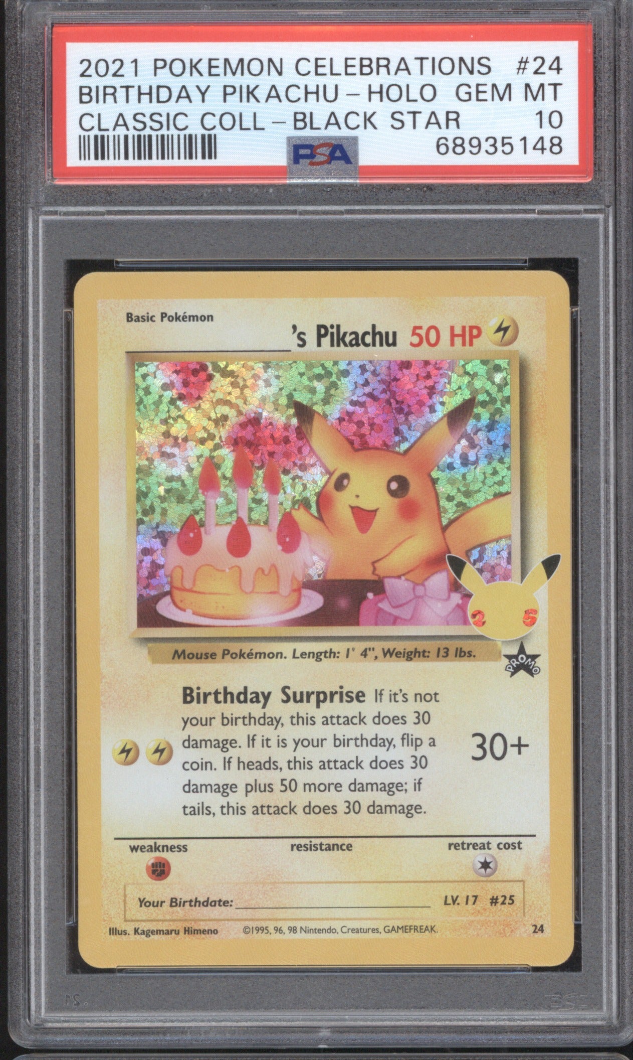 BIRTHDAY PIKACHU - HOLO 2021 POKEMON CELEBRATIONS CLASSIC COLLECTION #24 PSA 10