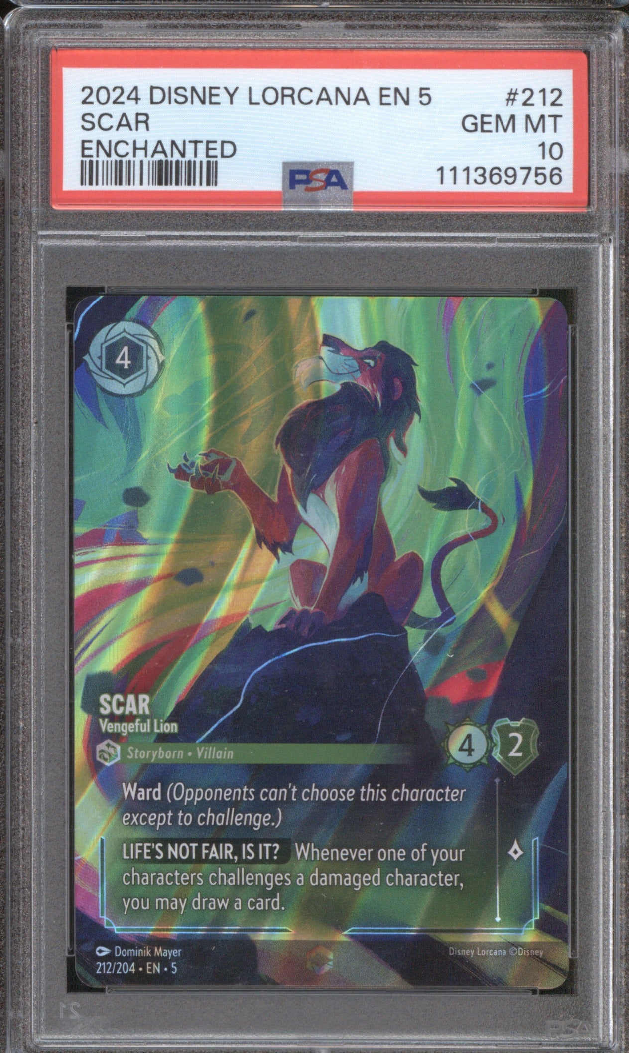 2024 DISNEY LORCANA EN 5-SHIMMERING SKIES SCAR 212 ENCHANTED PSA 10