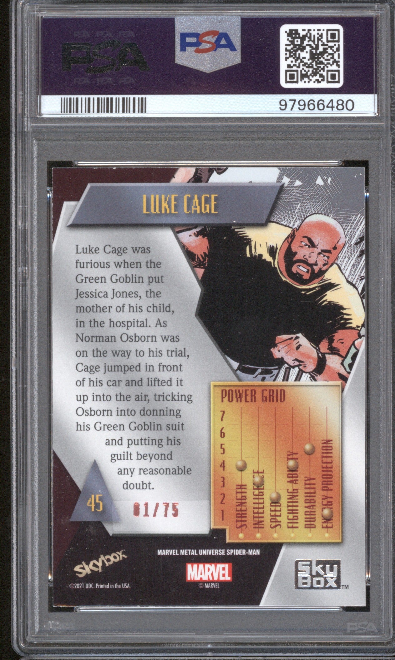 2022 Skybox Marvel Metal Universe Spider-Man Luke Cage Light FX Pink /75 PSA 7