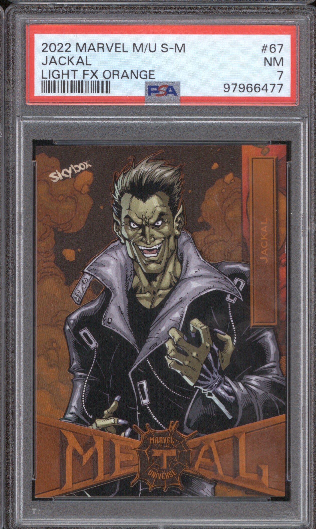 2022 Skybox Marvel Metal Universe Spider-Man 67 Jackal Light FX Orange /25 PSA 7