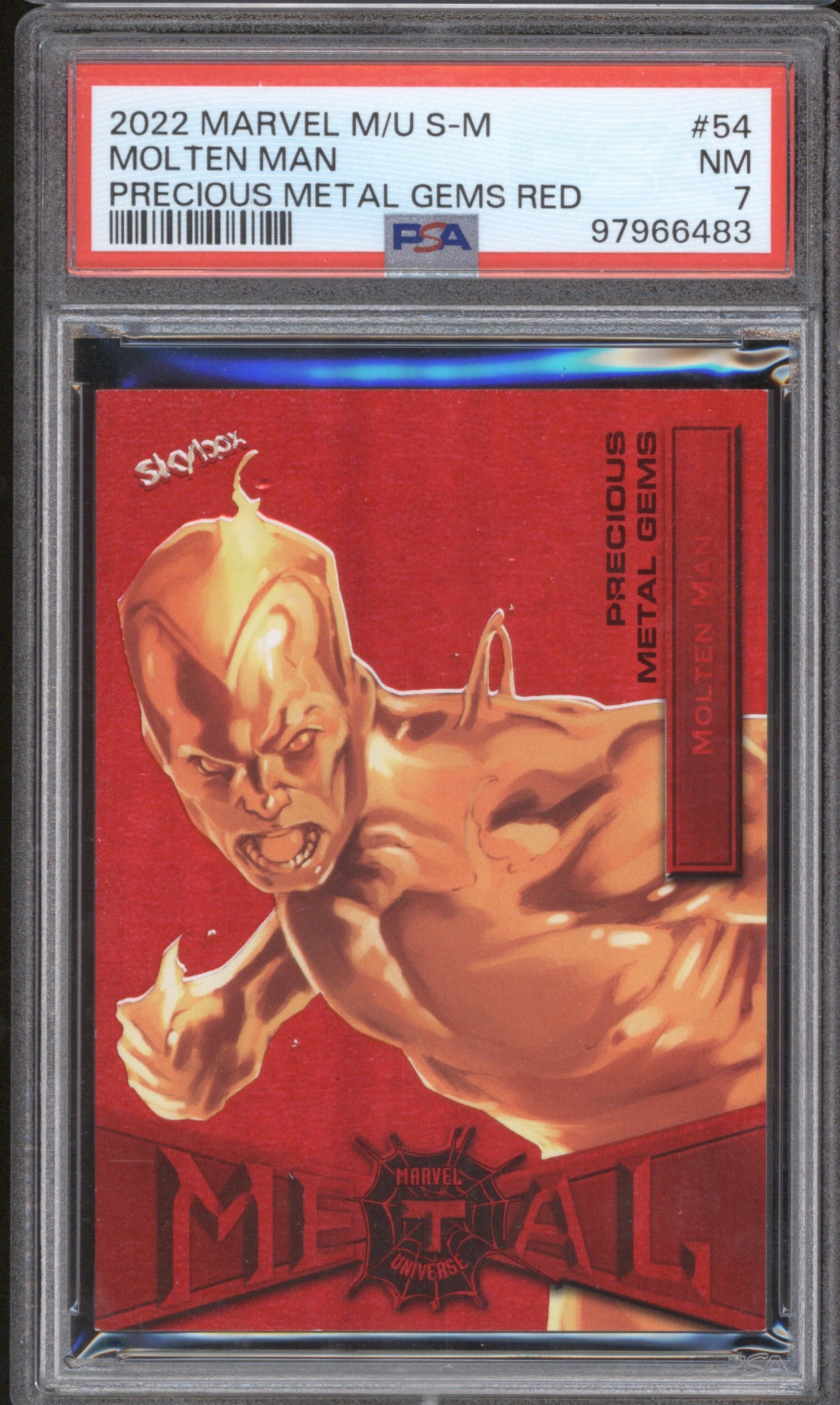 2022 Skybox Metal Spider-Man 54 Molten Man Precious Metal Gems Red /100 PSA 7