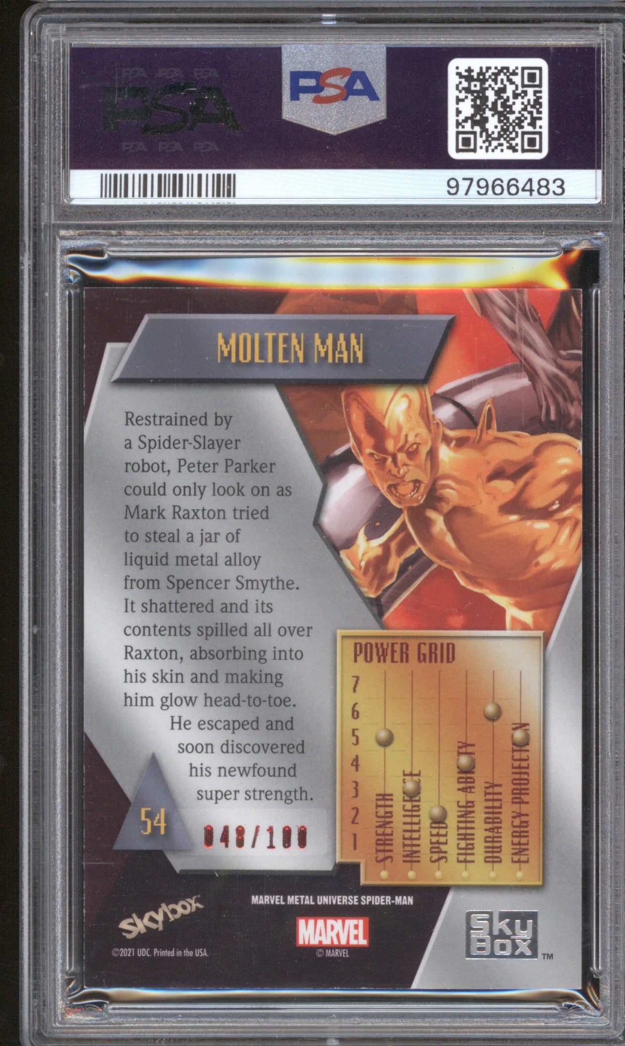 2022 Skybox Metal Spider-Man 54 Molten Man Precious Metal Gems Red /100 PSA 7