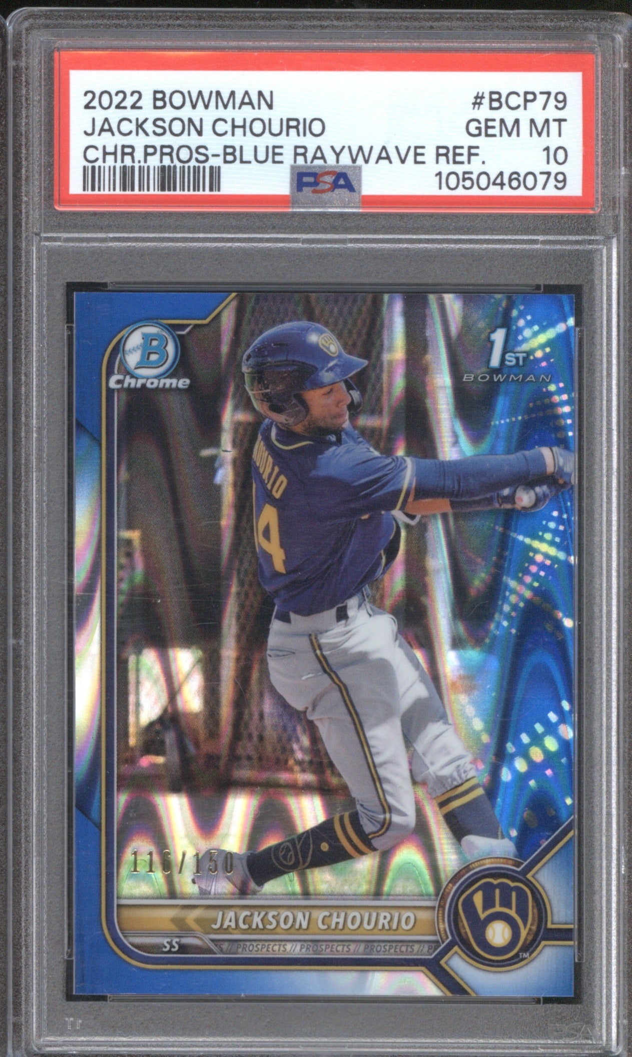 Jackson Chourio 2022 Bowman Chrome BCP79 Prospect Blue Raywave /150 PSA 10