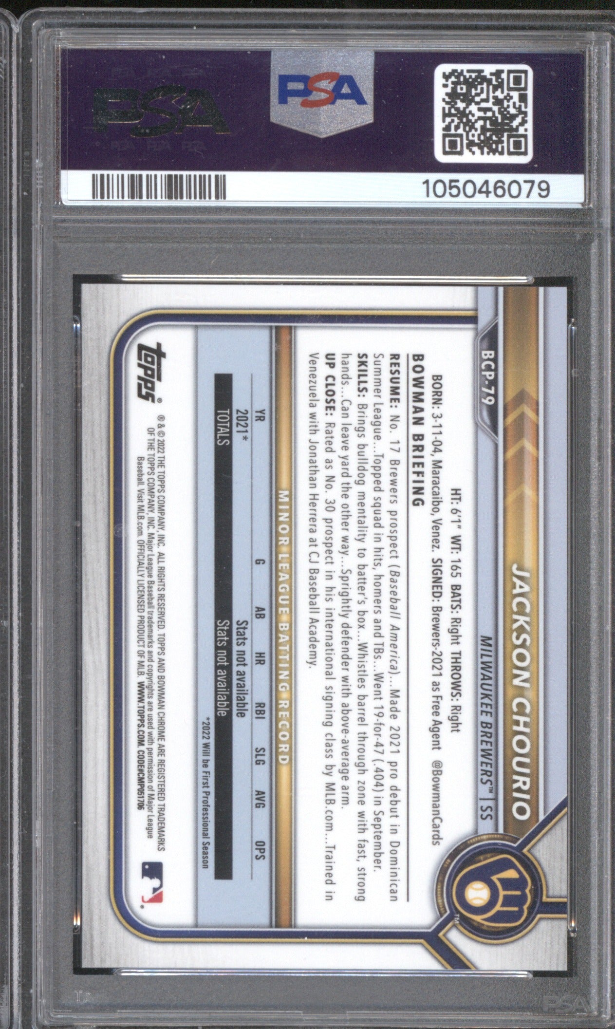 Jackson Chourio 2022 Bowman Chrome BCP79 Prospect Blue Raywave /150 PSA 10