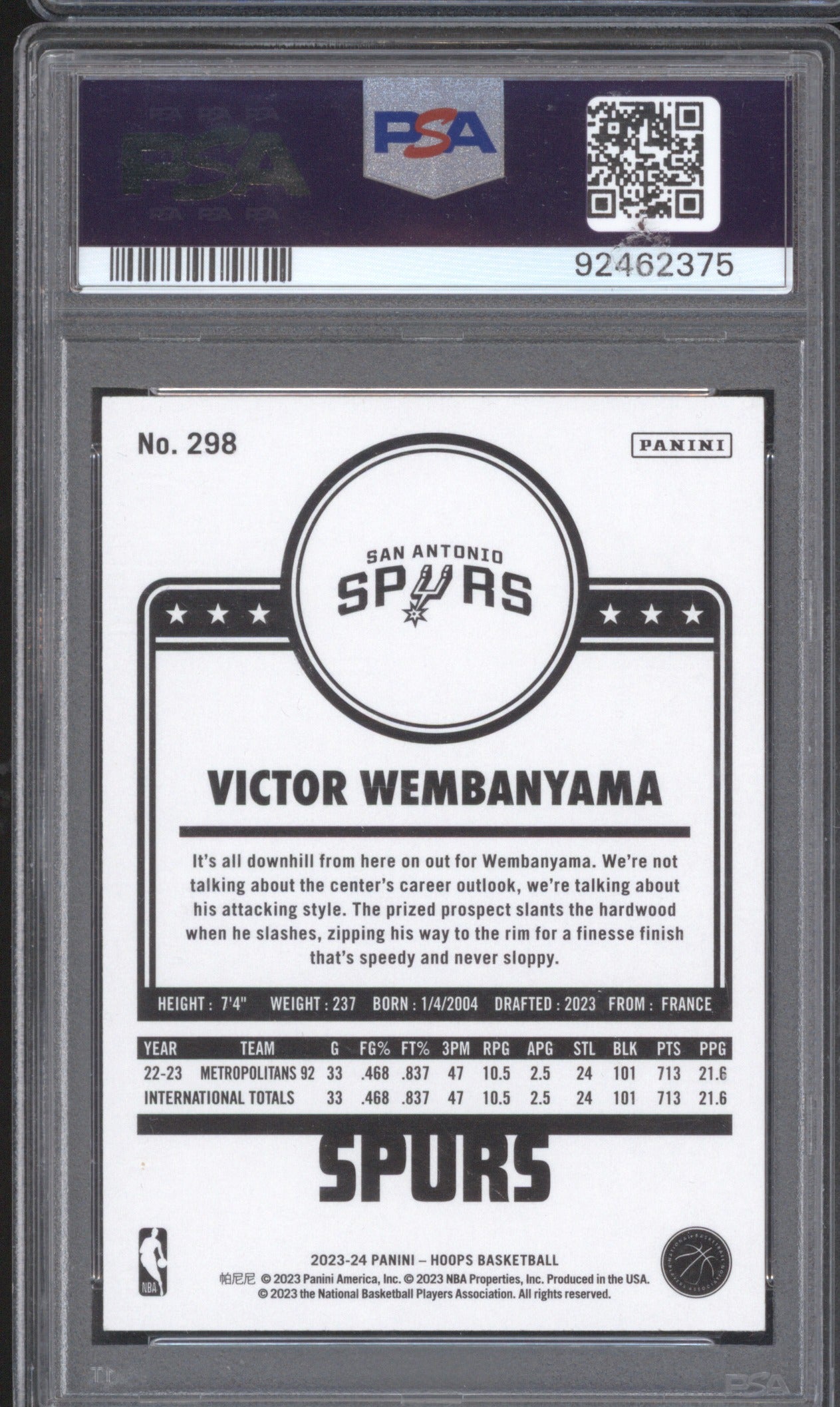 VICTOR WEMBANYAMA 2023 PANINI NBA HOOPS 298 PSA 9 PURPLE